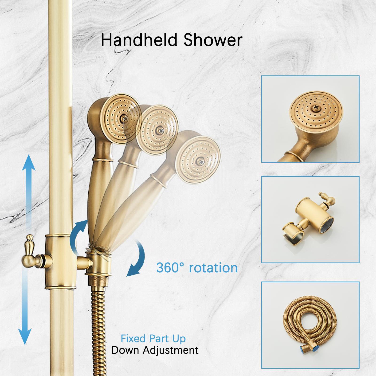 Antique Brass Shower System - 8 Inch Rainfall Shower Head & Handheld Spray - Wall Mounted Bathroom Faucet Set with 2 Cross Handles - Solid Brass Construction - Perfect for Outdoor Showers, Master Bathrooms & Spa-Like Experiences