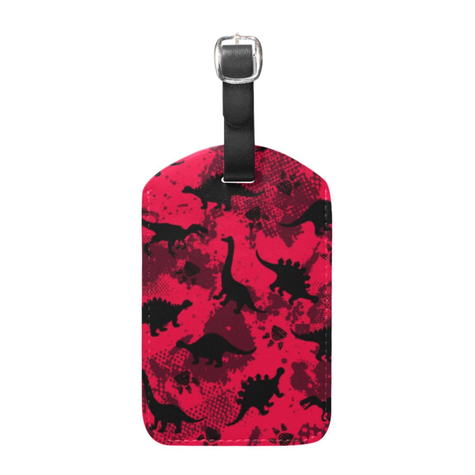 Durable PU Leather Luggage Tags for Suitcases - Dinosaur Design with Privacy Cover, Name ID Label for Travel - Perfect for Airports, Cruise Ships & Business Trips (Black/Red)