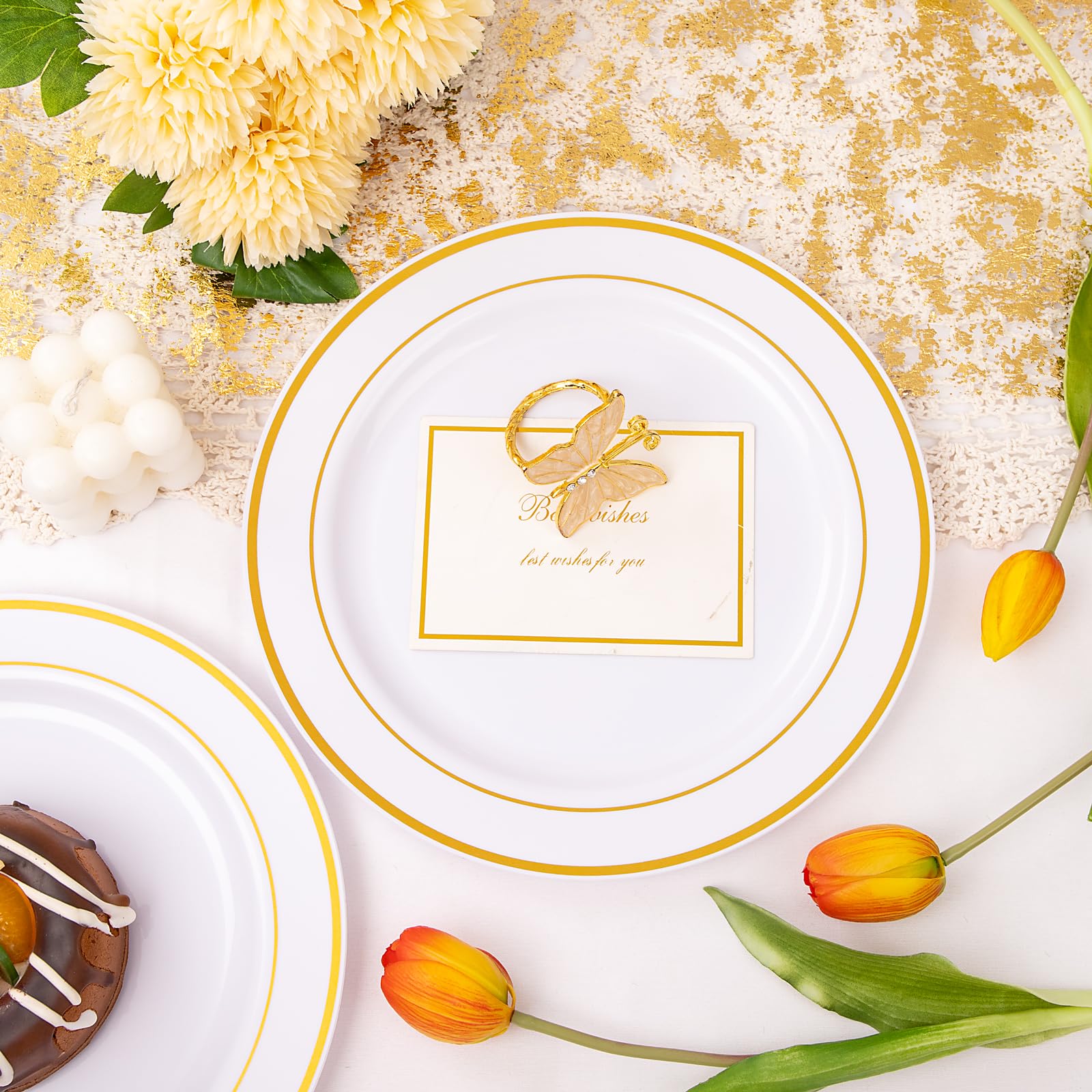 60-Pack 10.25 Inch Gold Rimmed Plastic Dinner Plates - Elegant Disposable White Plates for Wedding, Party, Banquet & Special Events - Perfect for Catering, Buffets & Formal Dining