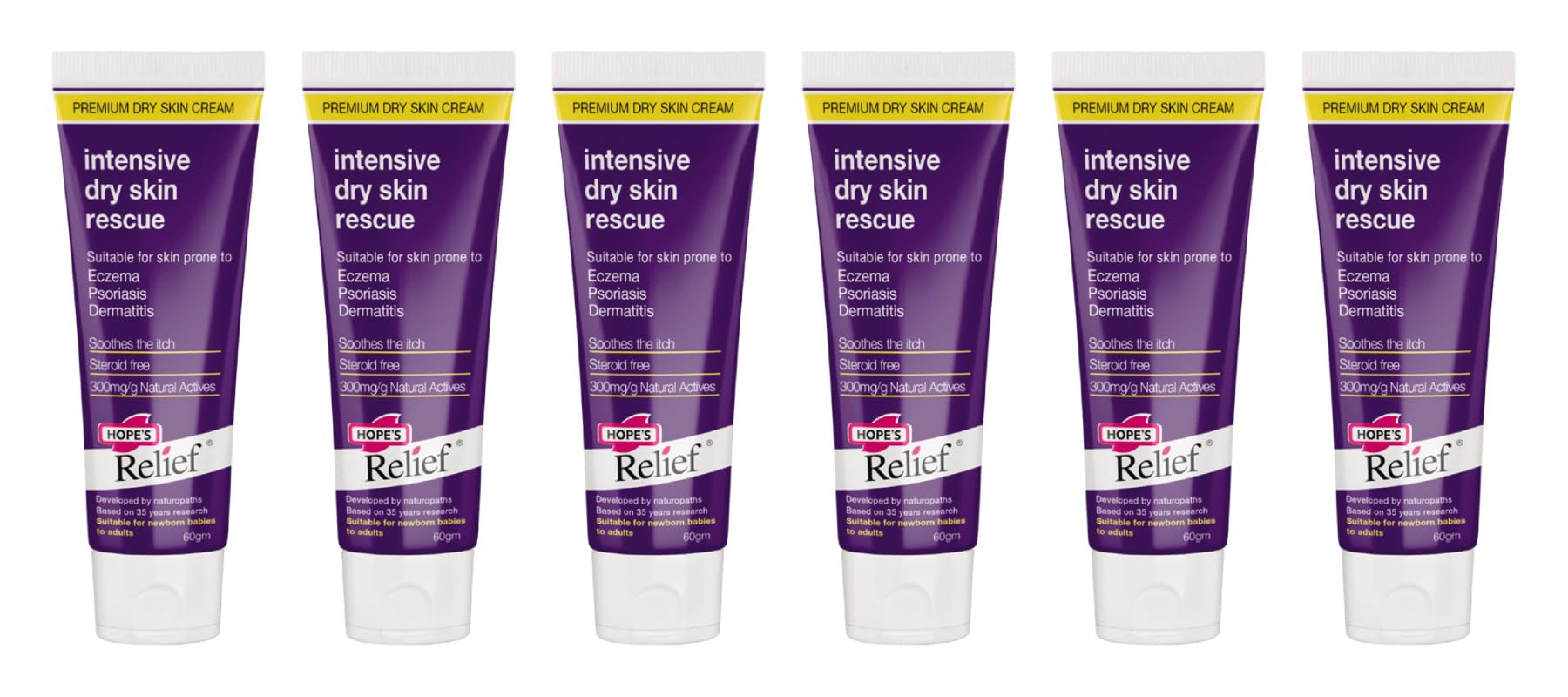 Hope's Relief Natural Intensive Dry Skin Cream - 6 Pack Bundle for Face, Hands & Body | Eczema, Psoriasis & Dermatitis Treatment | Moisturizer for Dry, Itchy & Irritated Skin | 60g Each | Perfect for Daily Hydration & Sensitive Skin Care
