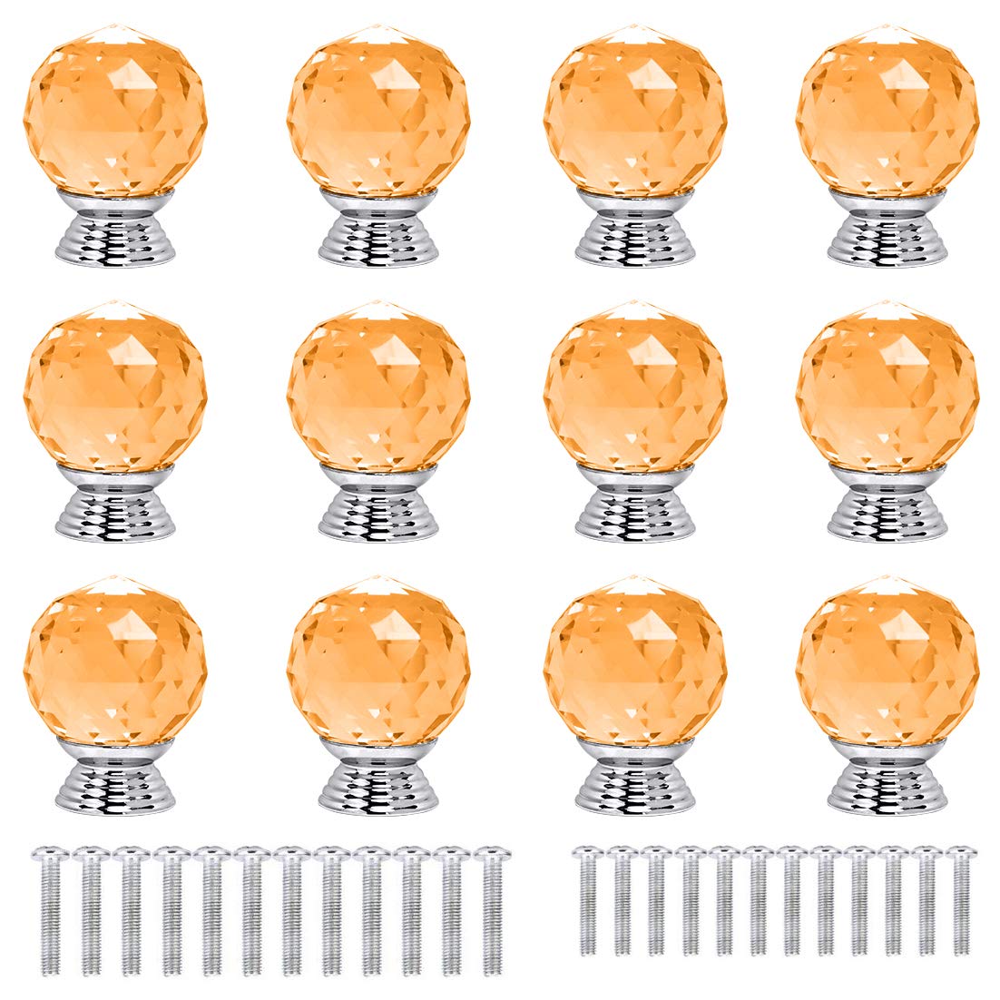 12pcs 30mm Crystal Glass Cabinet Knobs - Amber for Kitchen, Dresser, Cupboard