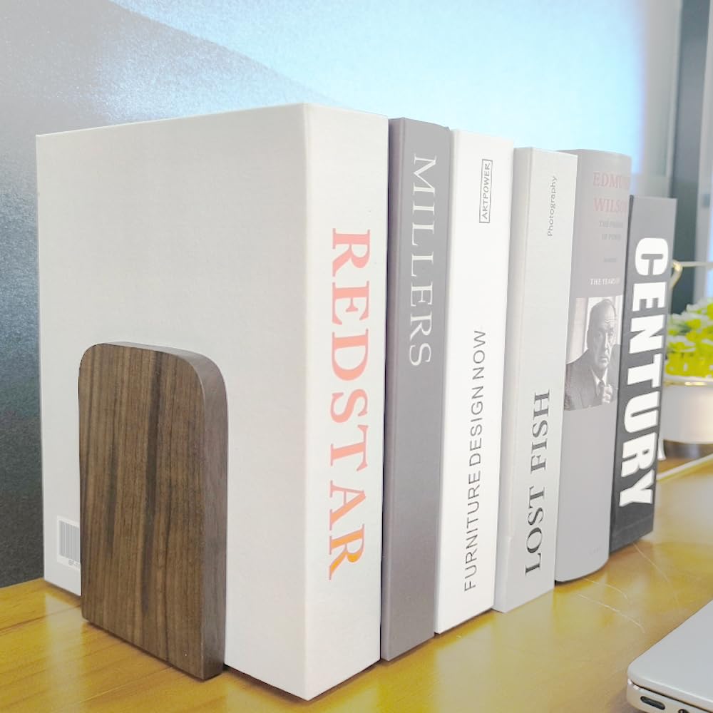 Heavy Duty Wood Bookends for Shelves - Non-Slip Walnut Book Stand Supports for Books, Movies & DVDs (2 Pairs, Medium Size) - Perfect for Home Office, Library & Bookshelf Organization