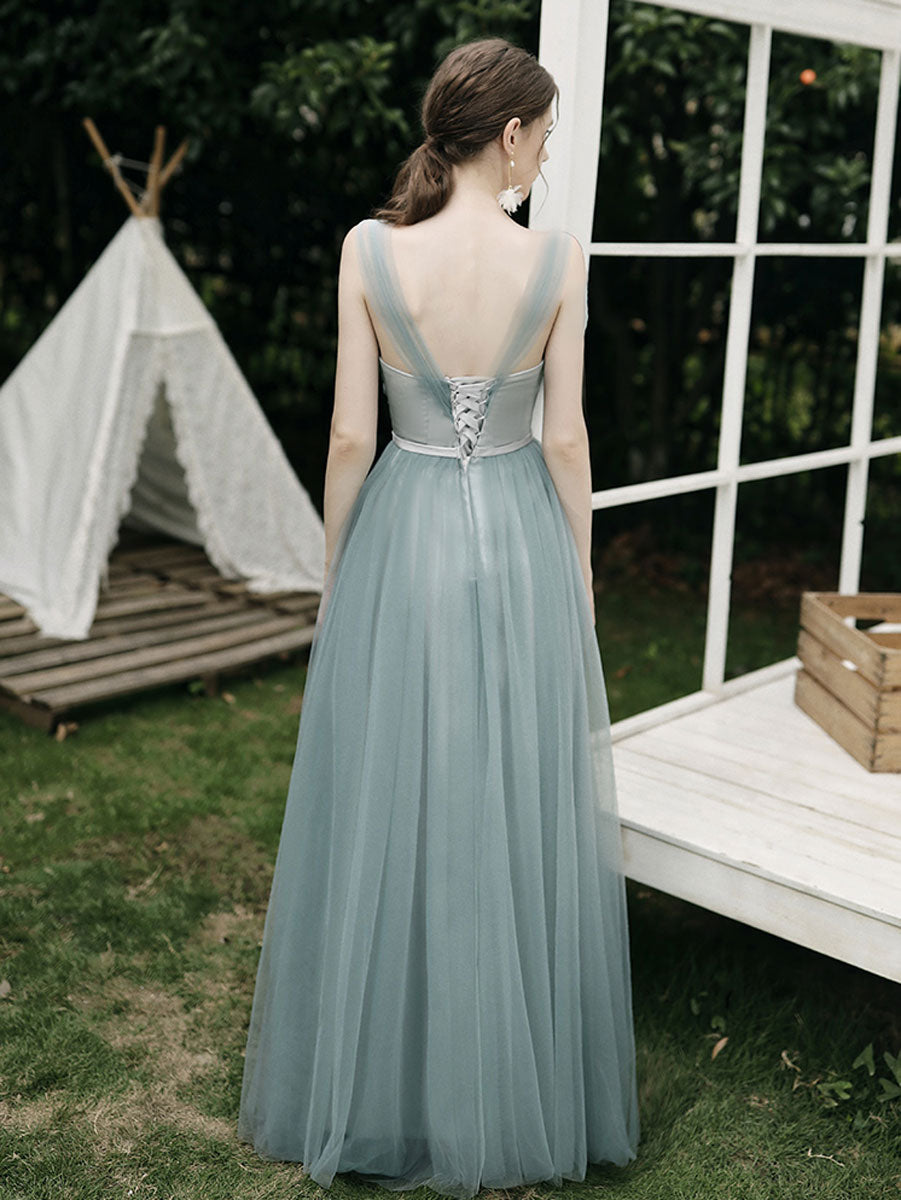Elegant Green Tulle A-Line Long Prom Dress & Bridesmaid Gown - Perfect for Formal Dances, Weddings, and Special Occasions