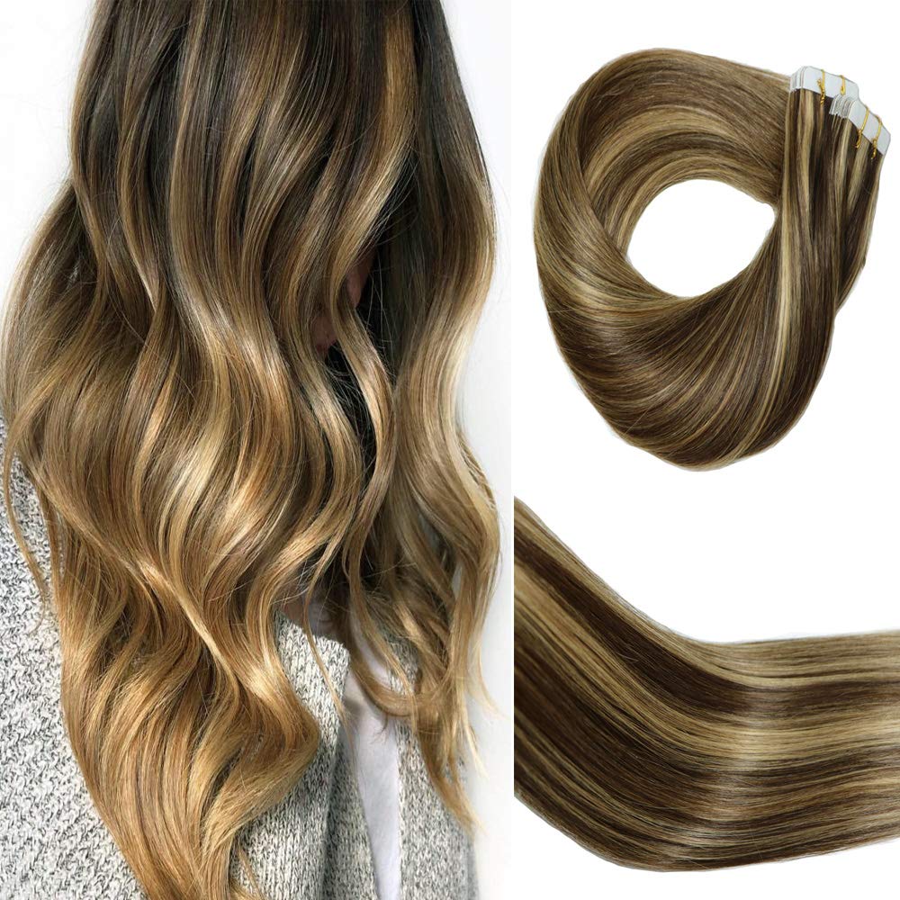 HUAYI Dark Brown Ombre Blonde Highlights 50g 20Pcs 22inch Tape-In Human Hair Extensions - Soft, Thick Ends, Tangle-Free, Long-Lasting Balayage Hair (427#22'') for Parties, Weddings & Daily Styling
