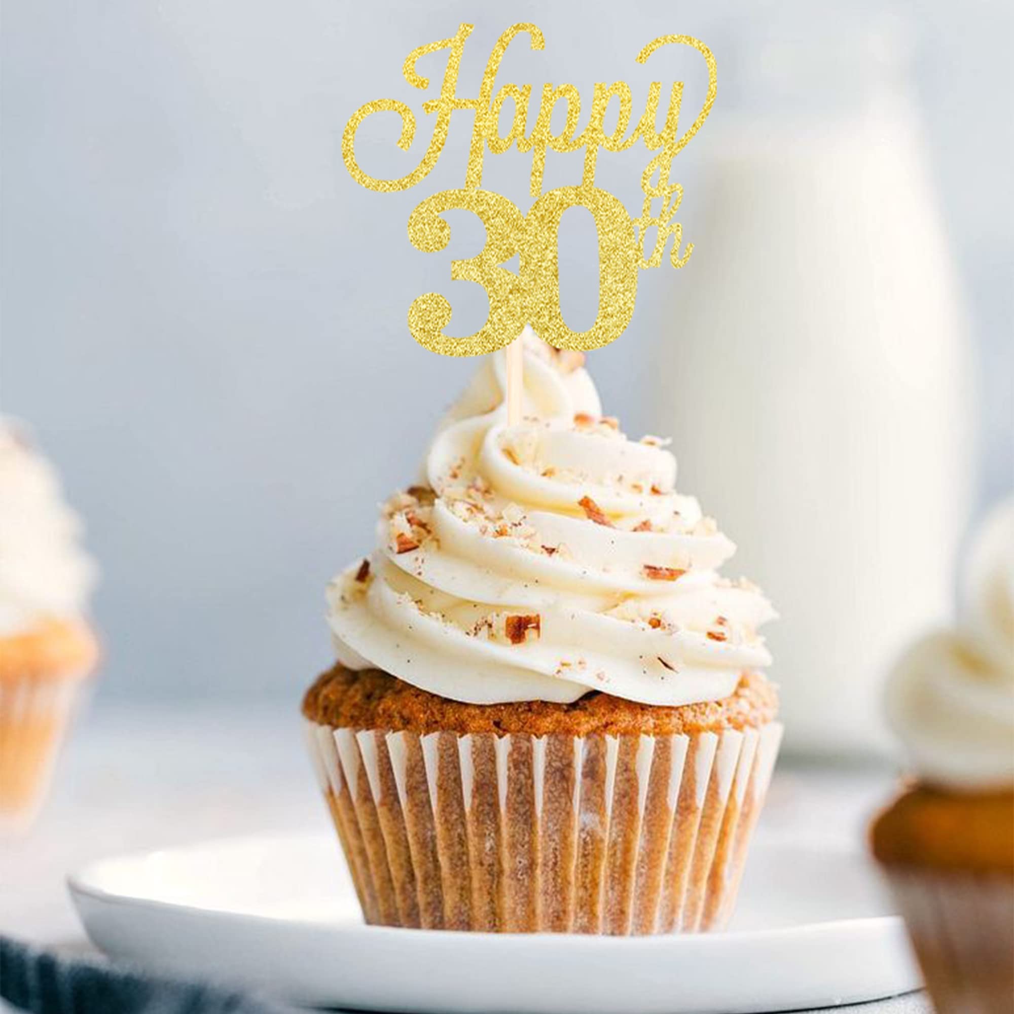 24 Pack Gold Glitter Number 30 Cupcake Toppers - Happy 30th Birthday Cake Decorations, Wedding Anniversary Party Supplies (Cheers to 30) - Perfect for Birthday Cakes, Cupcakes, and Celebration Desserts