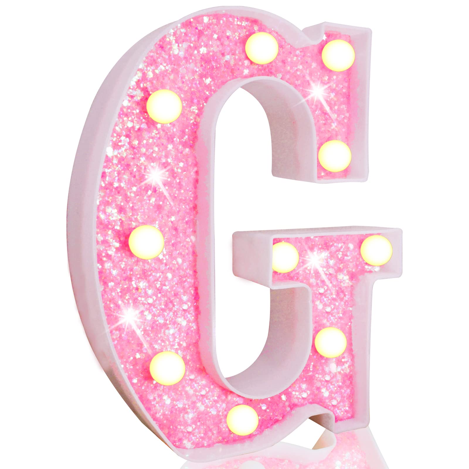 Pooqla LED Marquee Letter Lights - Pink Glitter Alphabet Sign with Battery Power for Night Light, Birthday Party, Wedding, Girls Gifts, Home Bar & Christmas Decoration - Perfect for Bedroom, Nursery, and Festive Events (Pink Letter G)