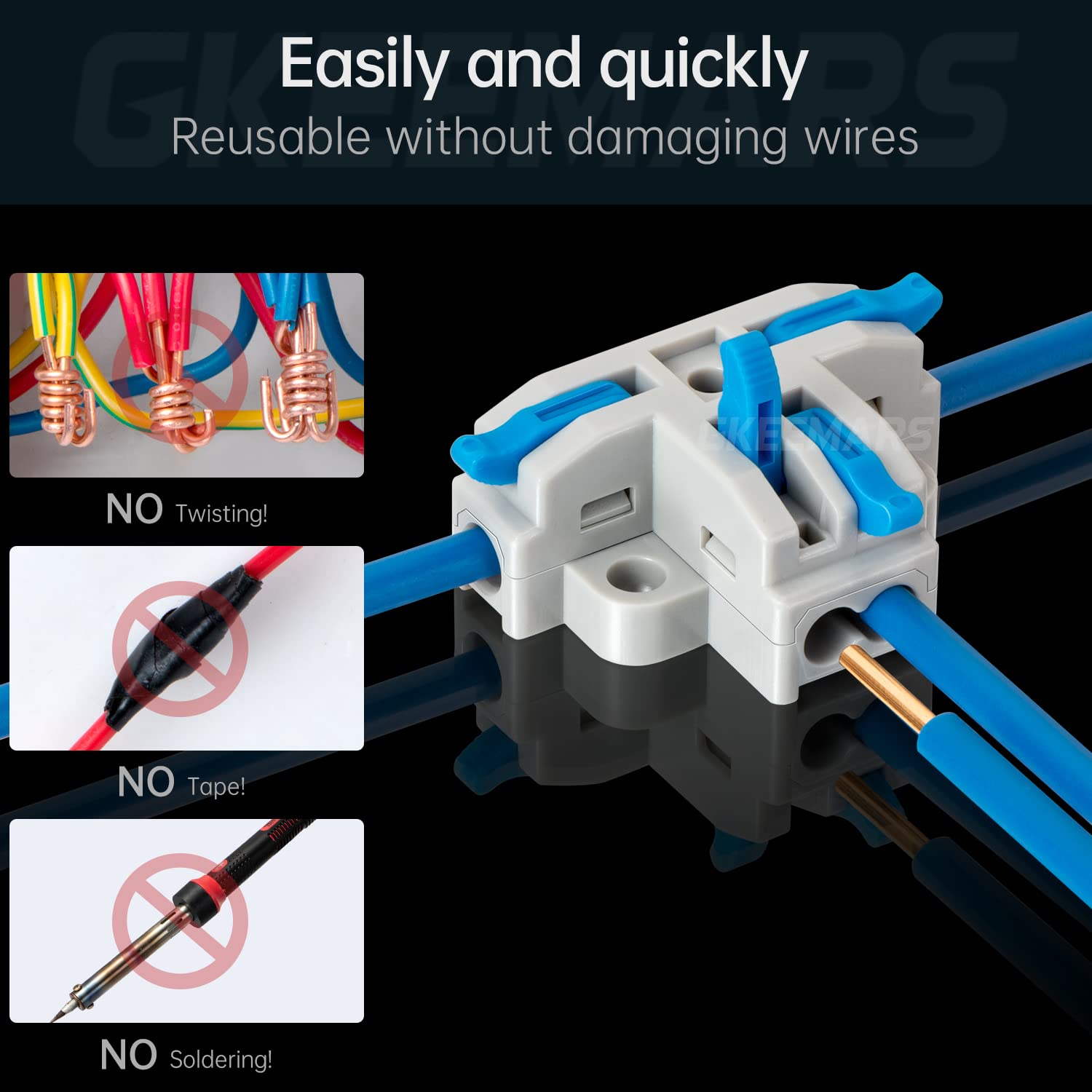 GKEEMARS 20Pcs 4-Way T Tap Wire Connectors - Quick Splice Push-in Electrical Connectors for AWG 24-12 Gauge Wires (Blue) - Ideal for Automotive, Home Wiring & DIY Electrical Projects