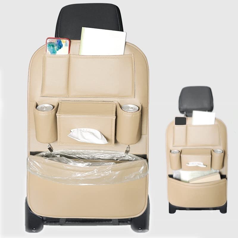 Premium Leather Car Seat Storage Bag - Hanging Rear Seat Organizer with Kick Mats for All Vehicles (Beige) | Perfect for Road Trips, Baby Essentials & Daily Commute