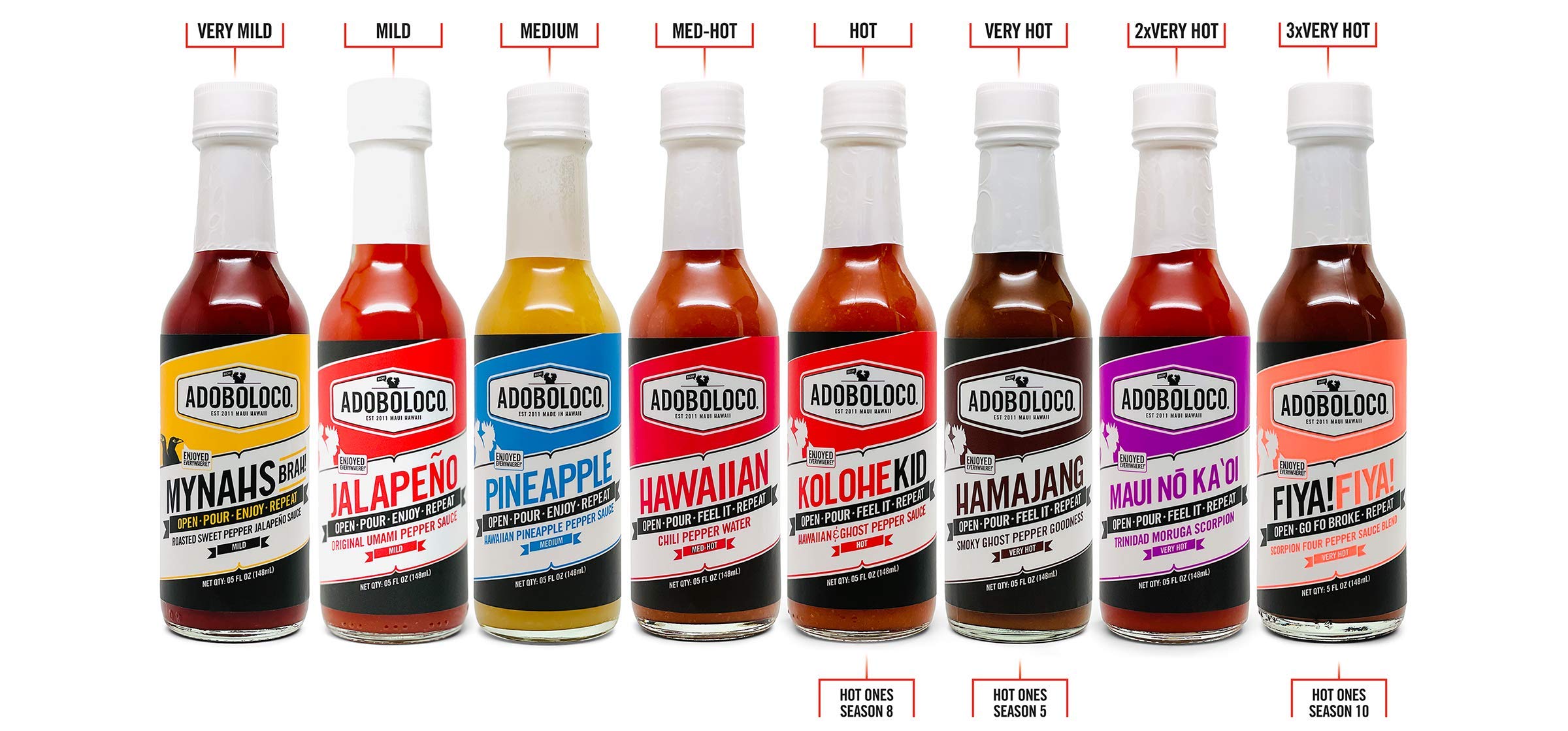Adoboloco Hot Sauce Variety Pack - 3 Bottles (5oz Each) Spicy Hamajang, Jalapeno & Hawaiian Chili Pepper Water - Extreme Heat Gourmet Chili Sauce Bundle - Perfect for Tacos, Wings & BBQ