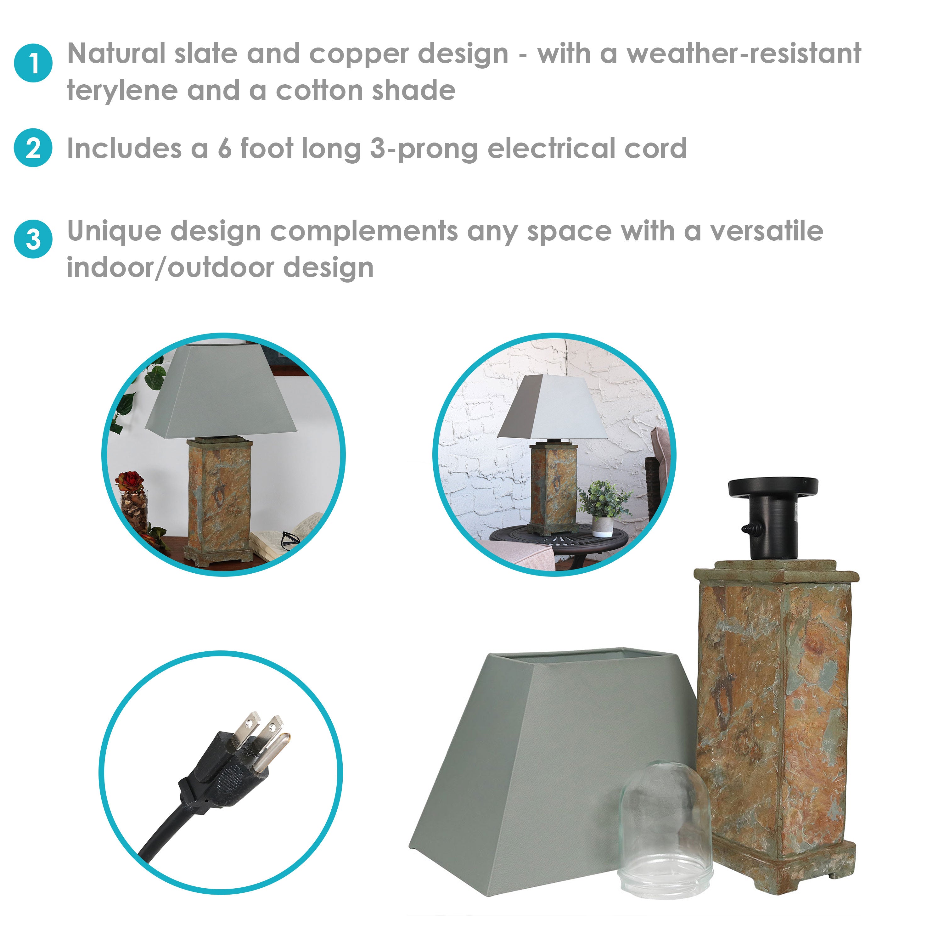 Sunnydaze 24 Inch Outdoor Table Lamp with Gray Cotton Lampshade & Stone Base - Perfect for Patio, Garden, Deck, and Porch Lighting