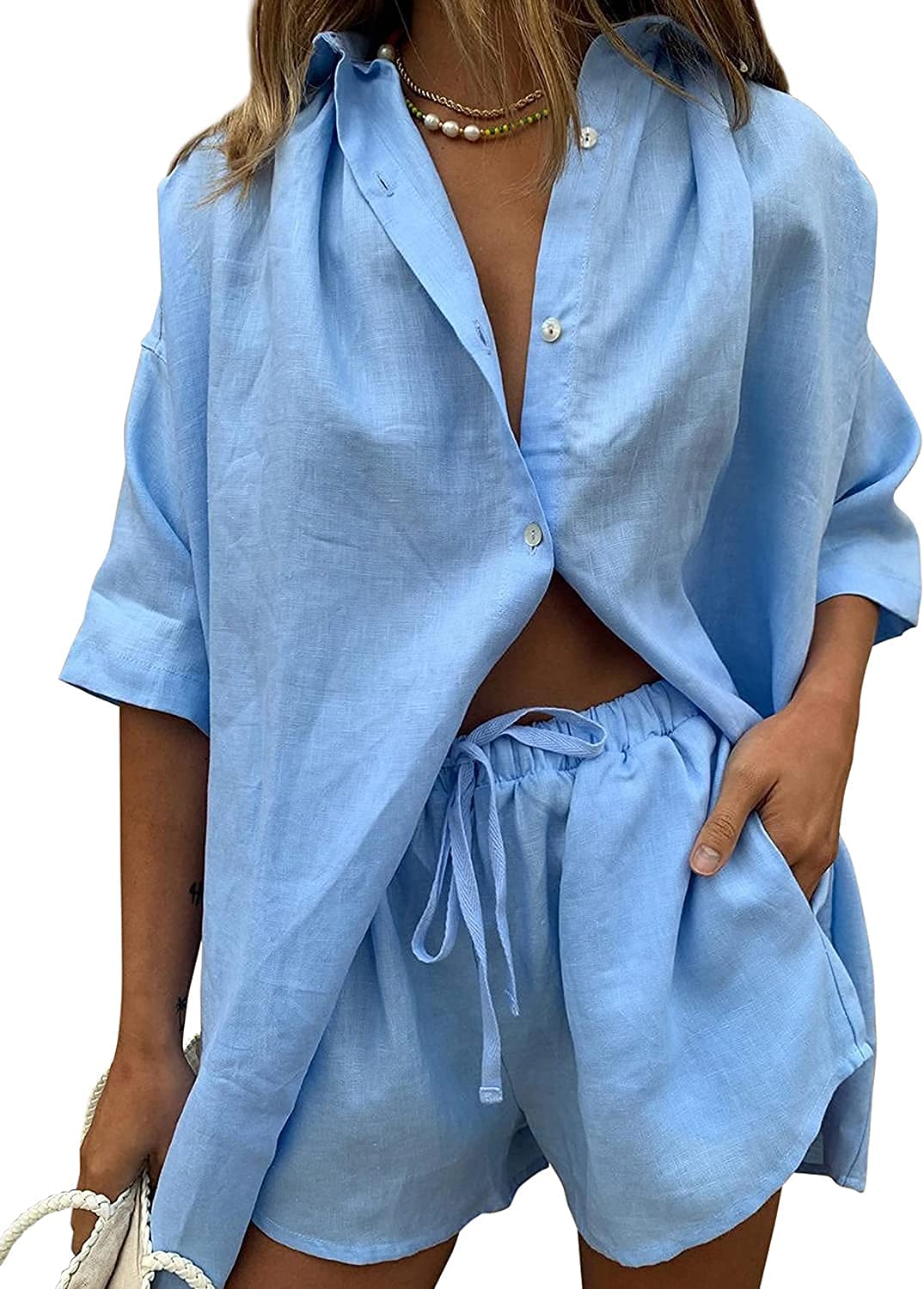 Hotmiss Women's 2 Piece Loungewear Set - Striped Long Sleeve Shirt & Elastic Waist Shorts | Y2K Streetwear Outfit for Casual Wear, Lounge, and Street Style Fashion