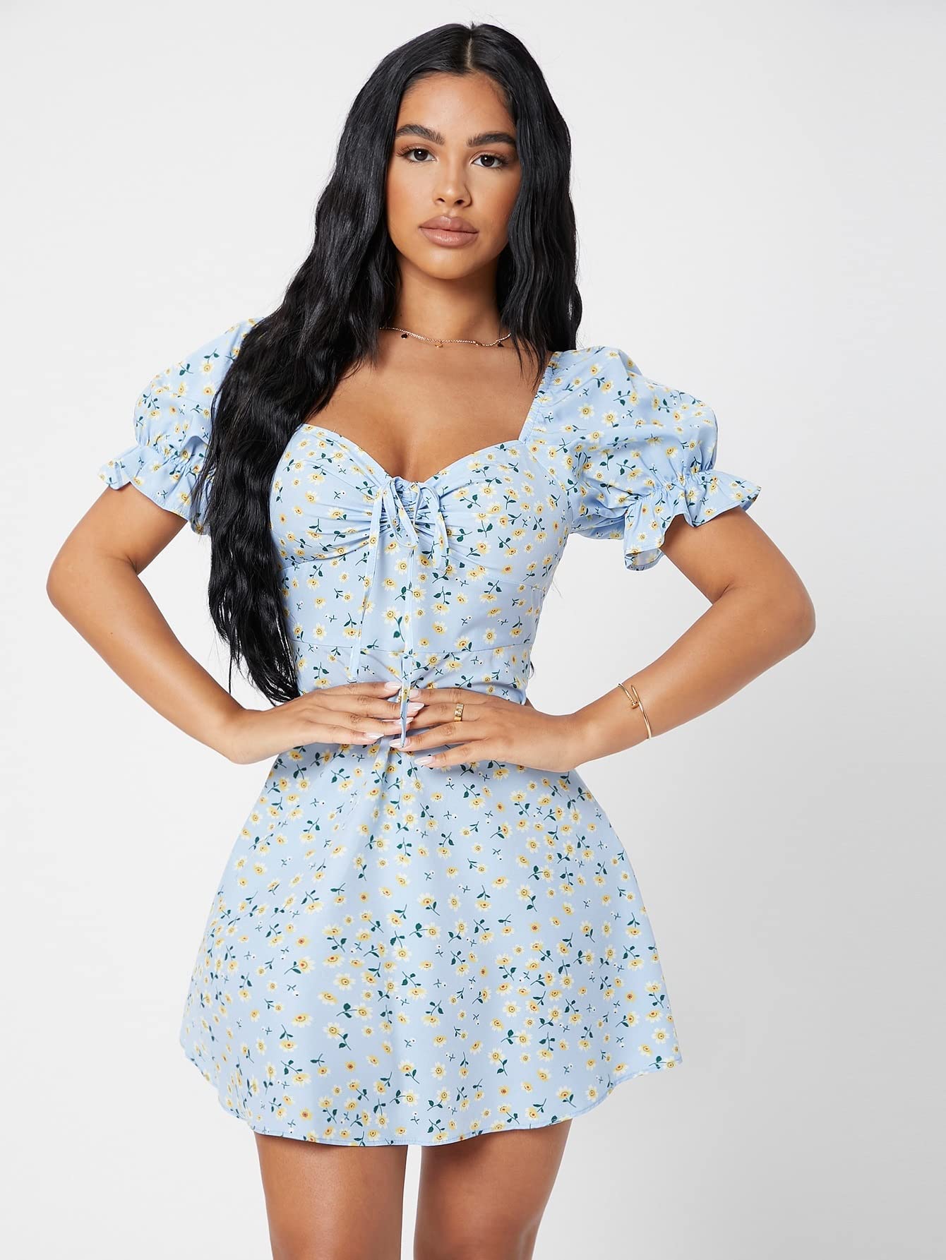 2022 Women's Summer Floral Short Dress with Flounce Sleeves & Ruched Knot Bust - Cute Mini Party, Beach, Vacation, Date Night Outfit