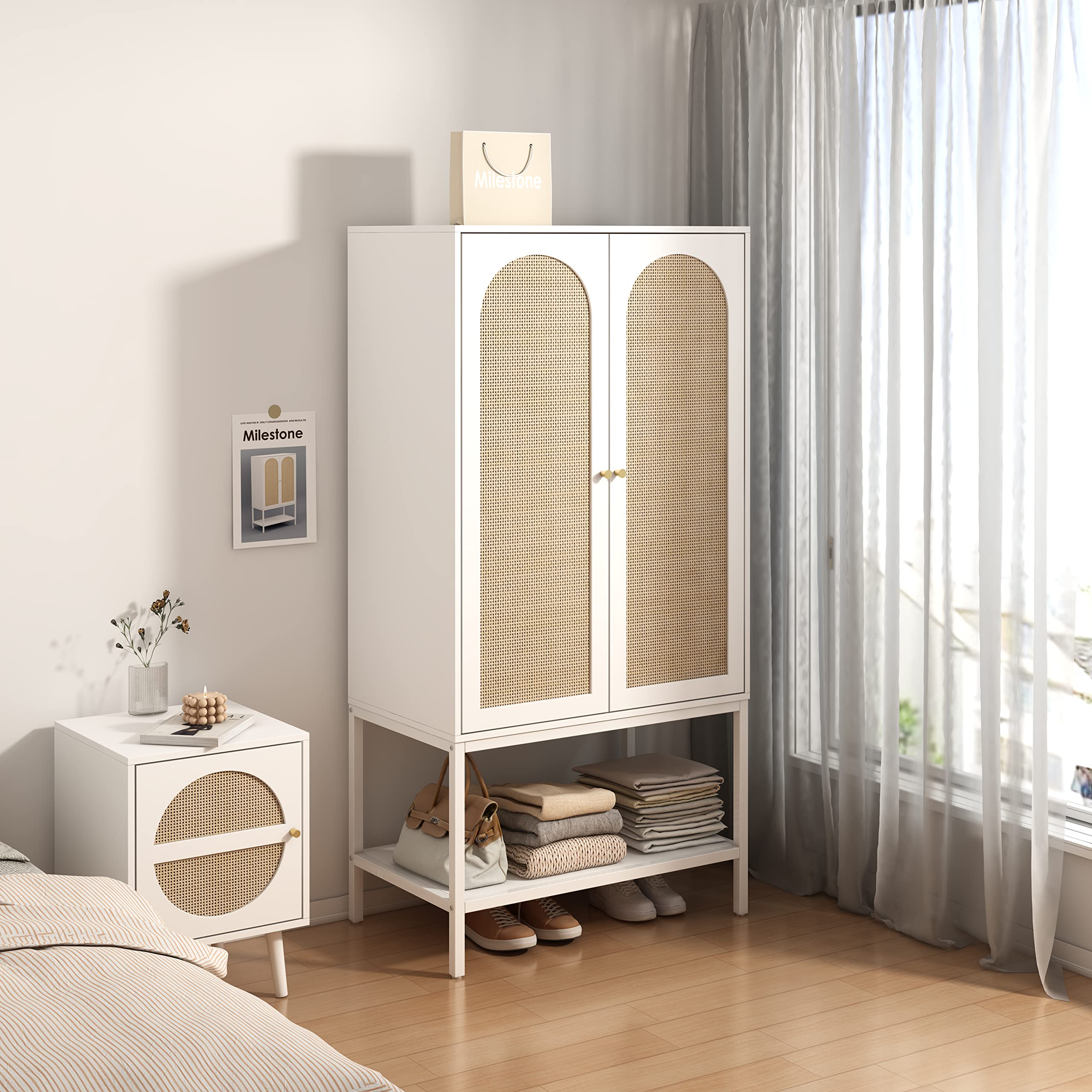QEIUZON Rattan Wardrobe Closet - Freestanding 2-Door Storage Cabinet with Hanging Rod & Storage Cubes, White Bedroom Armoire | Perfect for Small Spaces, Dorm Rooms & Apartment Organization