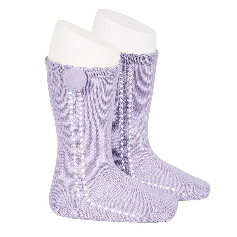 Lavender Openwork Pom Pom Socks for Women - Soft Breathable Lace Ankle Socks - Cute Boho Fashion Accessories for Home, Lounge & Gifts