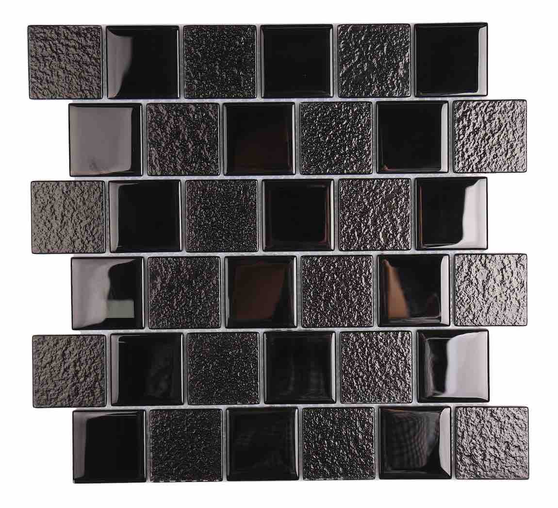 Black Glass Mosaic Tile 2x2 - Staggered Pattern for Kitchen Backsplash, Bathroom Wall, and Pool Design