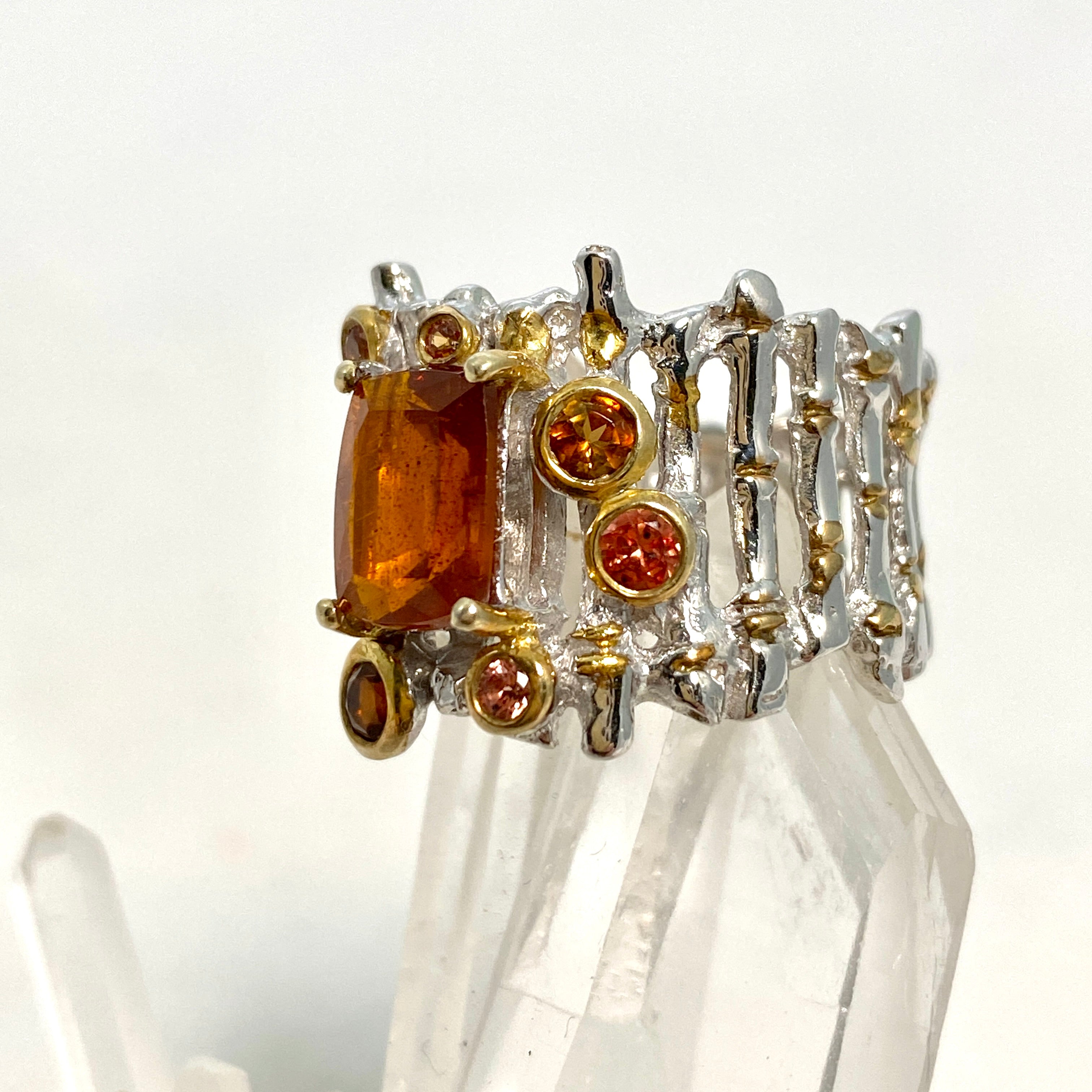 Orange Kyanite Cushion Cut Ring with Tourmaline & Sapphire - Size 8 - Designer Jewelry for Women | Perfect for Weddings, Anniversaries & Special Occasions