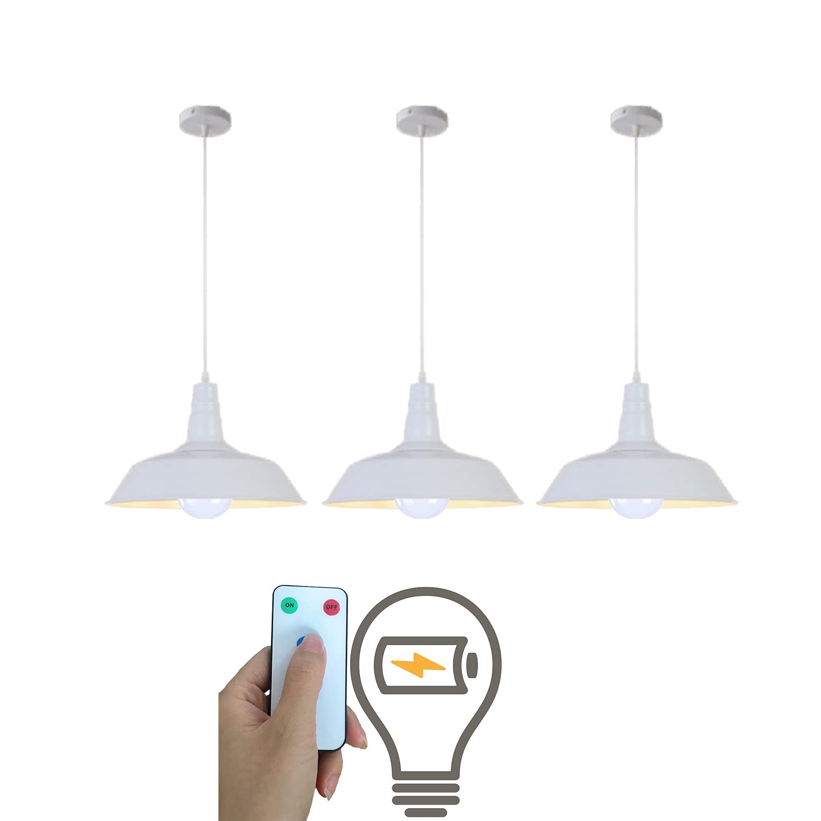 3 Pack Industrial White LED Hanging Pendant Lights - Battery Operated with Remote Control, Dimmable Wireless Vintage Light Fixture for Kitchen, Dining Room, Bedroom & Indoor Decor - Includes Bulbs (Perfect for Farmhouse, Loft & Industrial Style Homes)