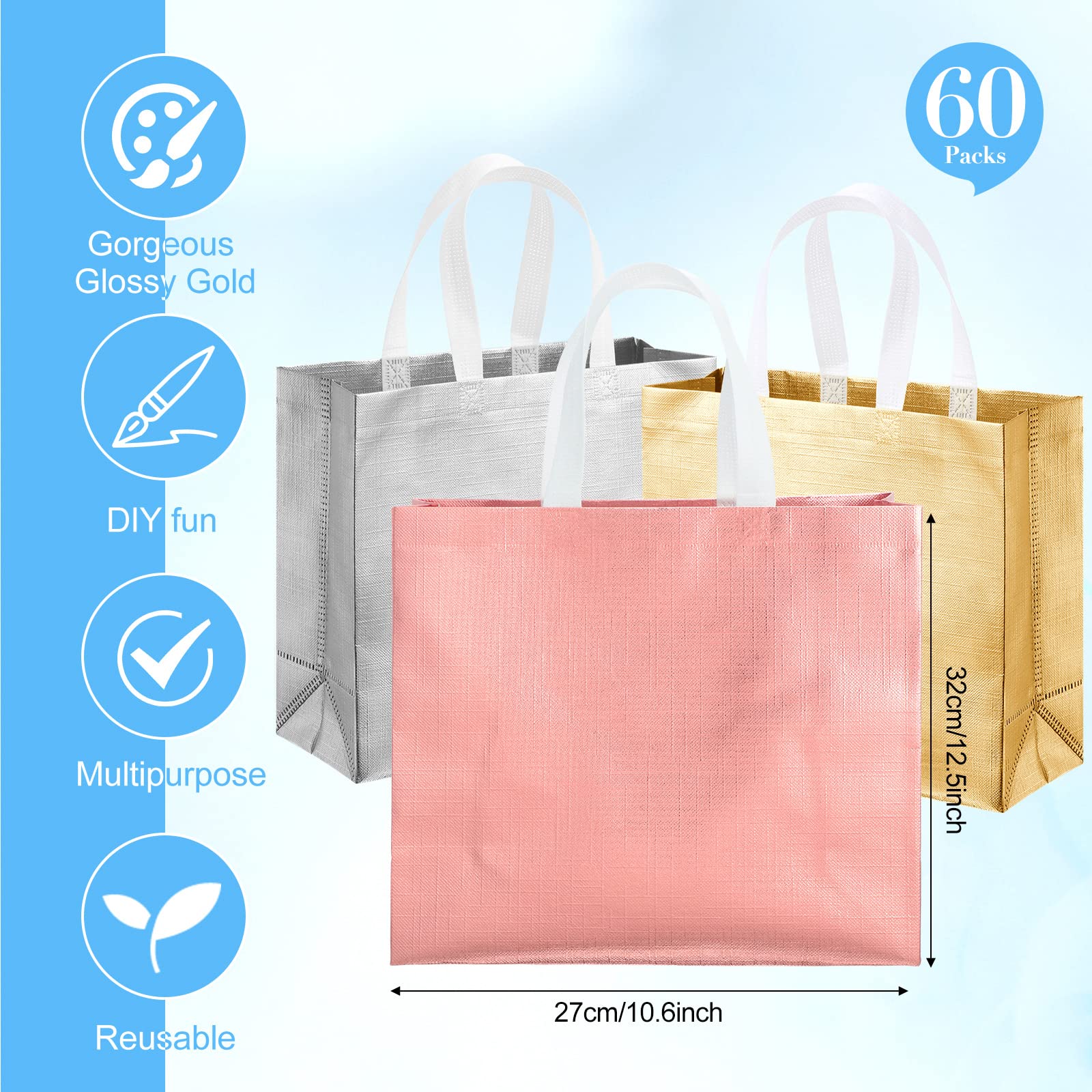 Eco-Friendly 60 Pack Reusable Tote Bags for Grocery Shopping - Premium Wedding Thank You Gift Bags for Bridesmaids (Gold, Rose Gold, Silver) - Perfect for Bridal Showers, Parties & Sustainable Shopping