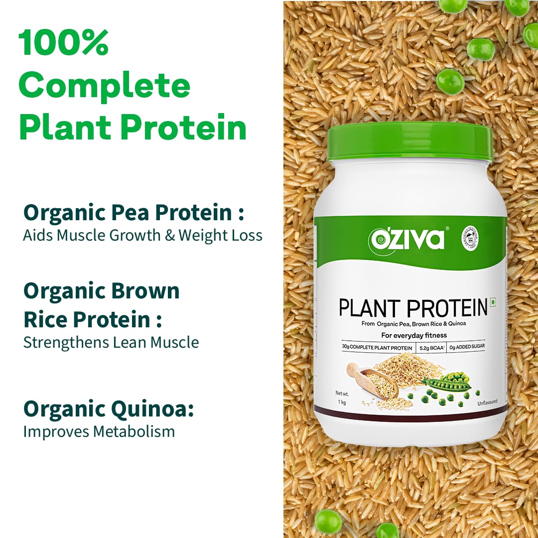 OZiva Organic Plant Protein Powder for Men & Women - 30g Pea Protein Isolate, Vegan, No Added Sugar | Certified Clean, Unflavored | Supports Muscle Recovery & Daily Fitness | Perfect for Smoothies, Post-Workout Shakes & Healthy Lifestyle (1kg + Free Shaker Bottle)