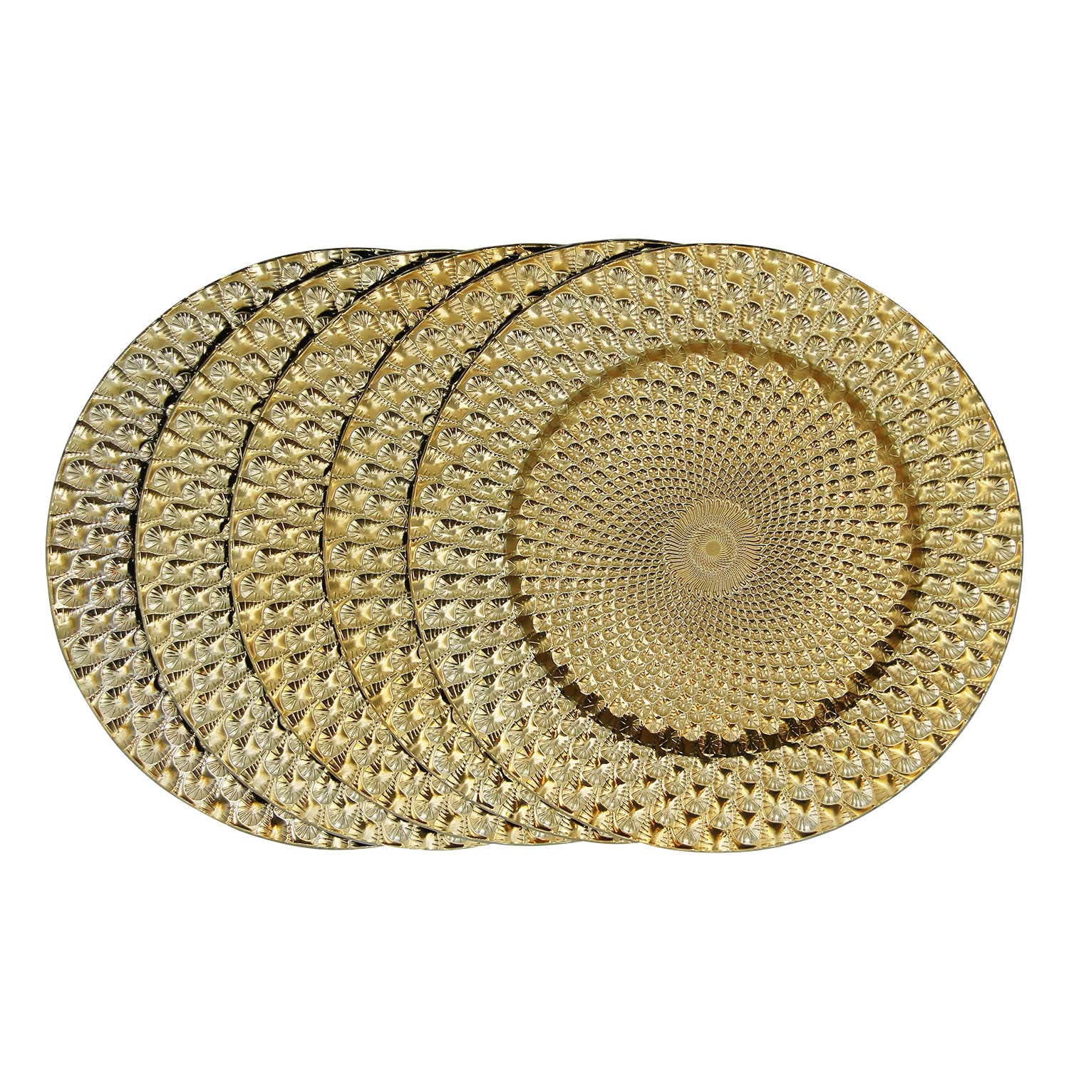 WELMATCH 12-Pack Gold Plastic Peacock Charger Plates - 13 Inch Round Decorative Dinner Plates for Wedding, Party & Special Events - Elegant Table Setting for Formal Dining & Celebration Decor
