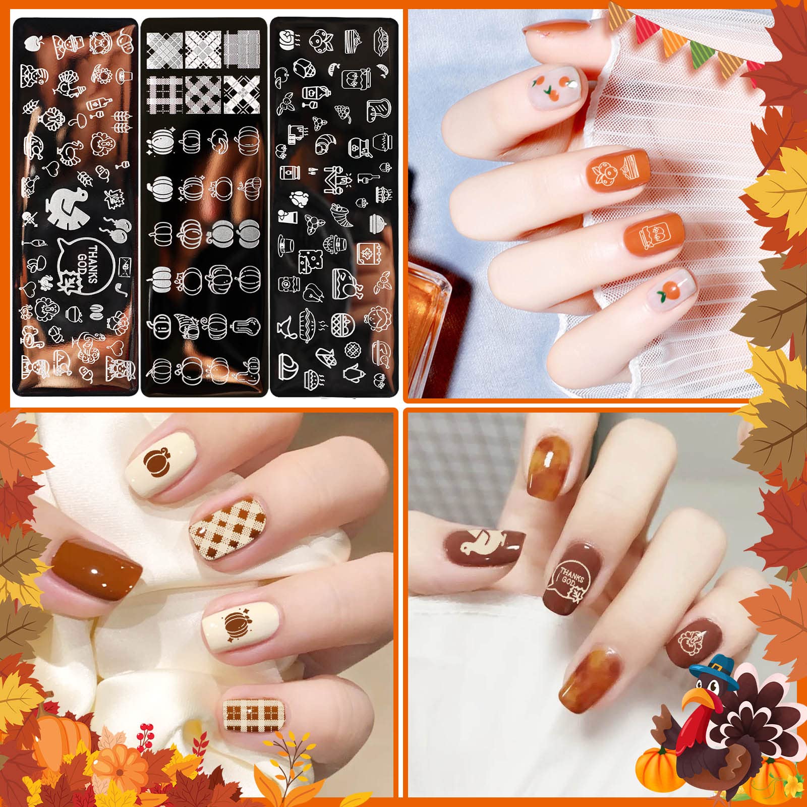 10Pcs Thanksgiving Nail Stamping Plate Kit - Fall Nail Art Templates with 2 Stampers & 2 Scrapers - Pumpkin Turkey Maple Leaf Designs for Women & Kids - Perfect for Holiday Parties, DIY Nail Art & Seasonal Decorations