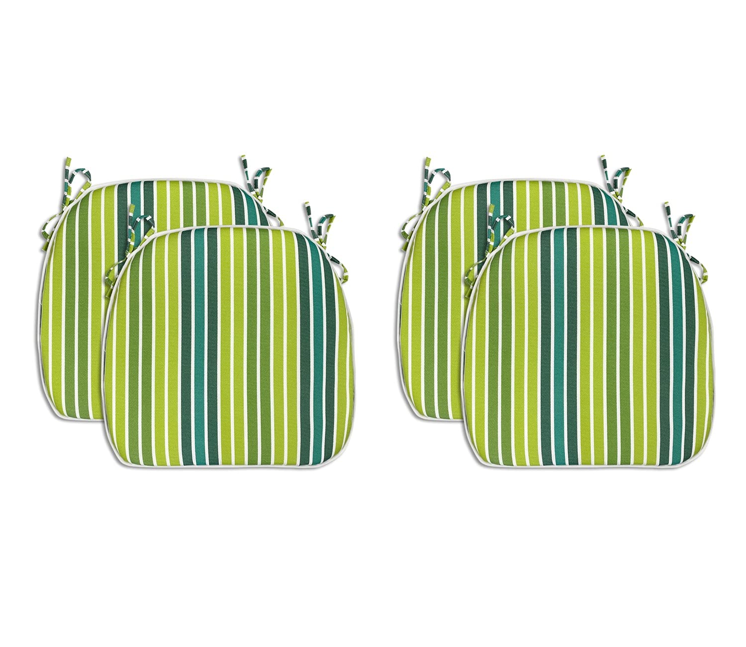 Fabritones Outdoor Seat Cushions - Set of 4 Green Stripe Patio Chair Cushions with Ties, 16x17 Inch Square Chair Pads - Perfect for Garden, Deck, Poolside & Outdoor Furniture Comfort
