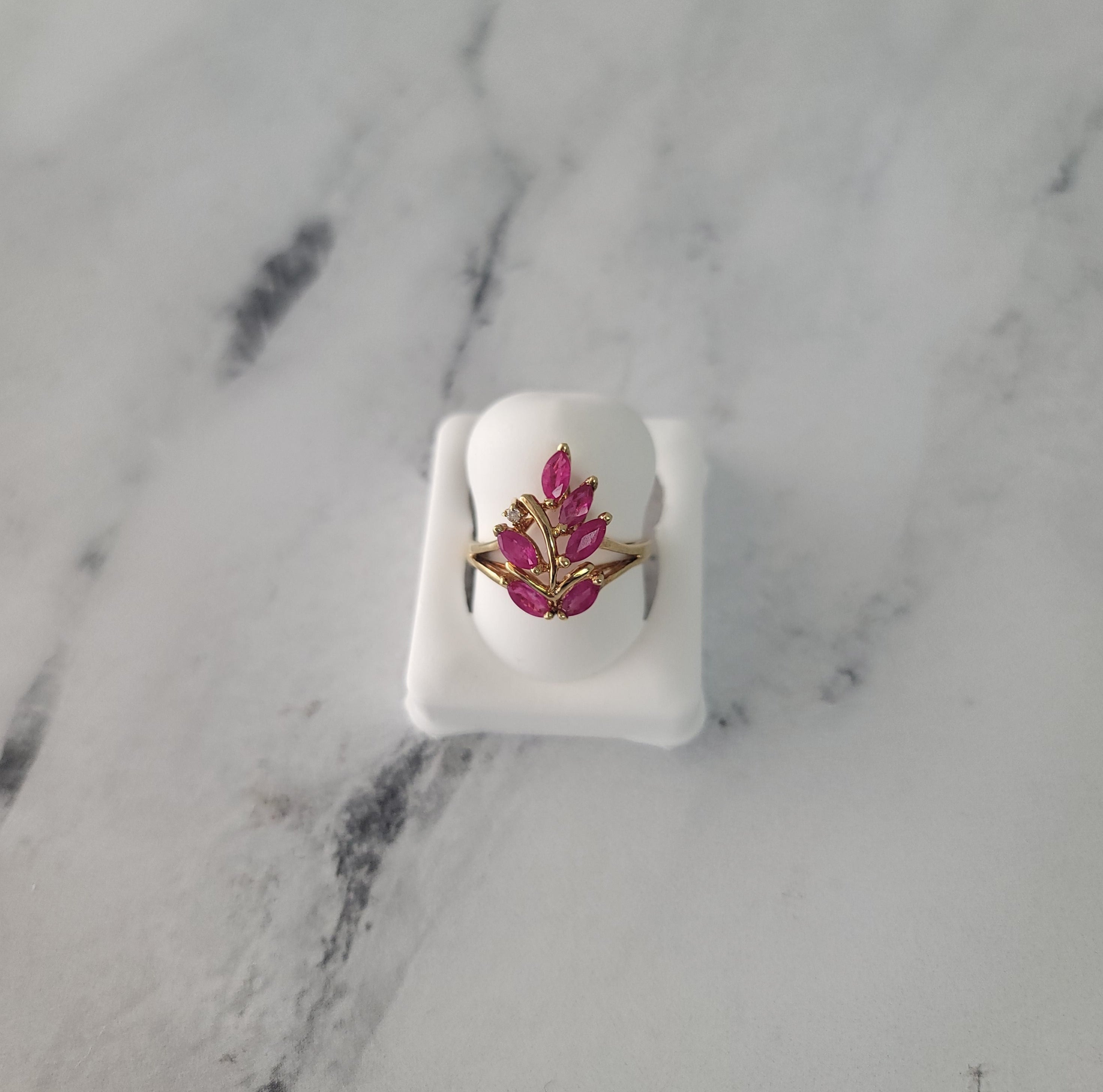 14k Yellow Gold Marquise Ruby Floral Cluster Ring - Elegant Vintage Jewelry for Weddings, Anniversaries & Special Occasions