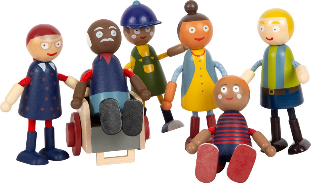 Flexible Wooden Dolls with Wheelchair - Small Foot Familia 6-Piece Set, Various Ages, Genders & Skin Tones (12396) - Perfect for Inclusive Play, Preschool Education & Special Needs Therapy