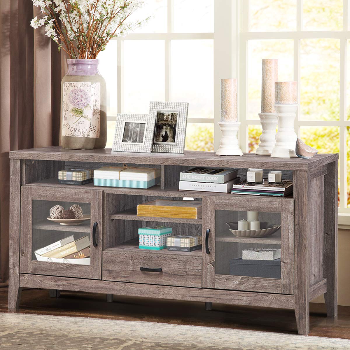 LUARANE 65 Inch TV Stand with Storage - Modern Entertainment Center for Living Room, 4 Open Shelves, 2 Glass Door Cabinets & 1 Drawer, Sturdy 6-Leg Design for TVs up to 65