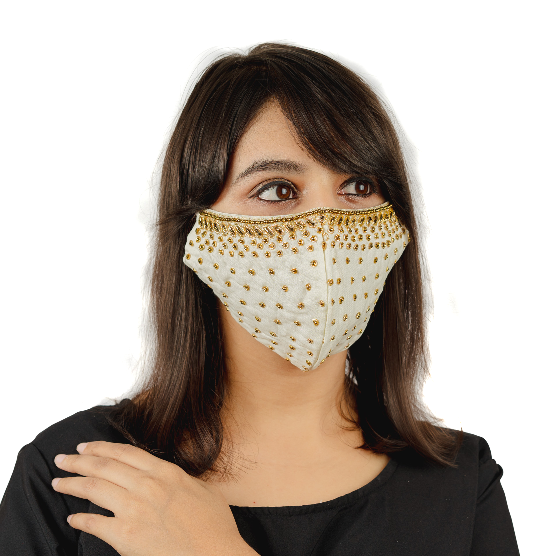 Luxury Creamy White Cotton Face Mask with Golden Embroidery - Soft Breathable Fabric for Daily Protection & Fashion - Perfect for Travel, Work, and Special Occasions