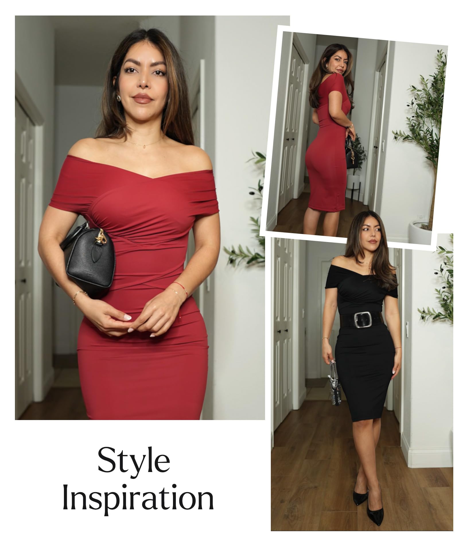 Popilush Women's Off Shoulder Cocktail Dress with Tummy Control Shapewear - Wrap V-Neck Midi Dress for Wedding Guest, Party & Formal Occasions