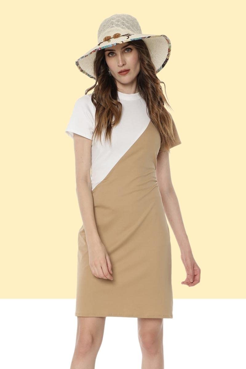 Elegant Short Sleeve Sheath Dress for Women - Color Block Cocktail Party Dress with Pockets | Perfect for Date Night, Office Wear & Special Occasions