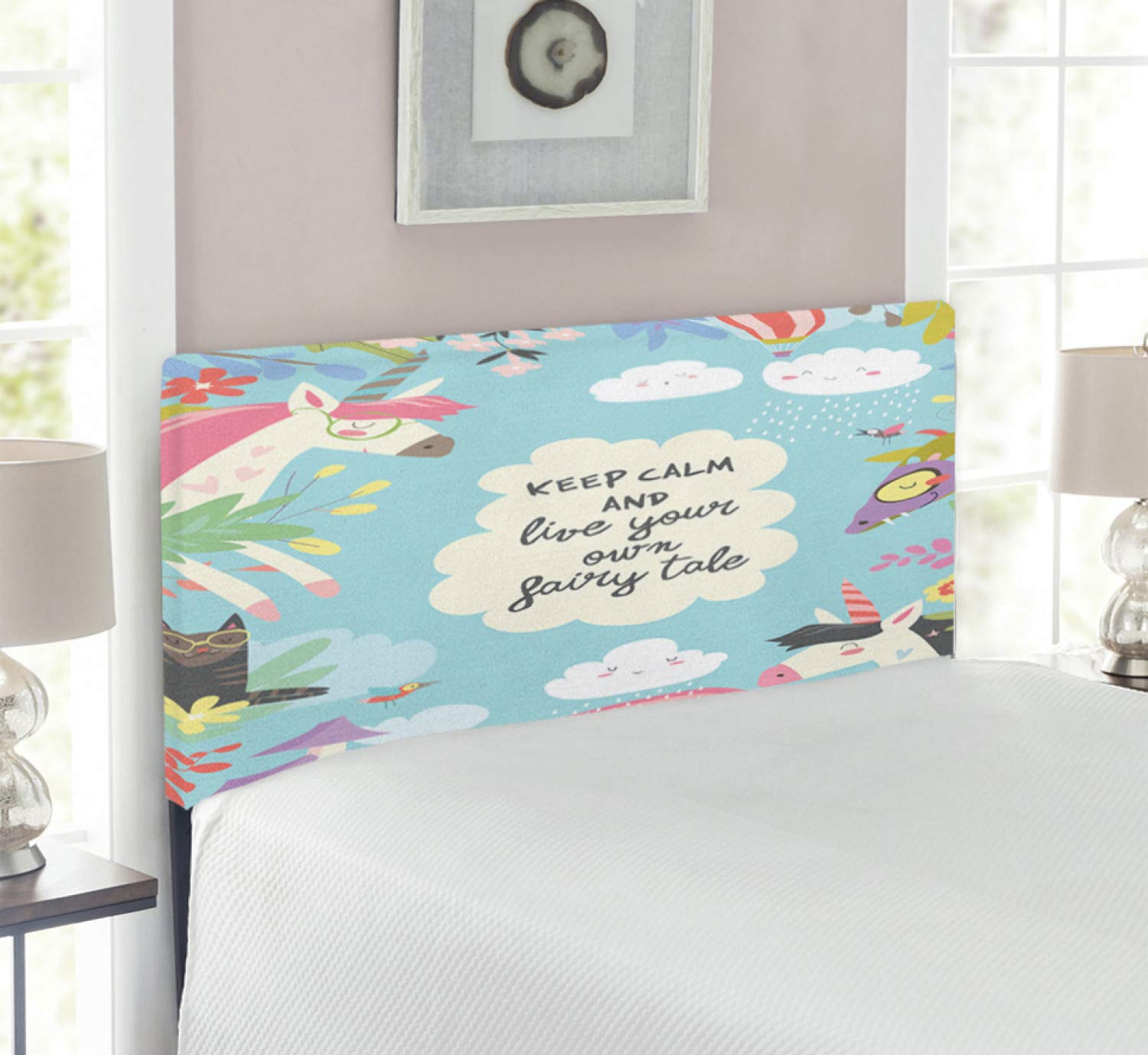 Ambesonne Keep Calm and Live Your Own Life Upholstered Headboard - Twin Size Metal Bed Frame with Memory Foam, Unicorn Cartoon Design in Multicolor - Perfect for Kids' Bedrooms, Dorm Decor & Fantasy Themed Rooms