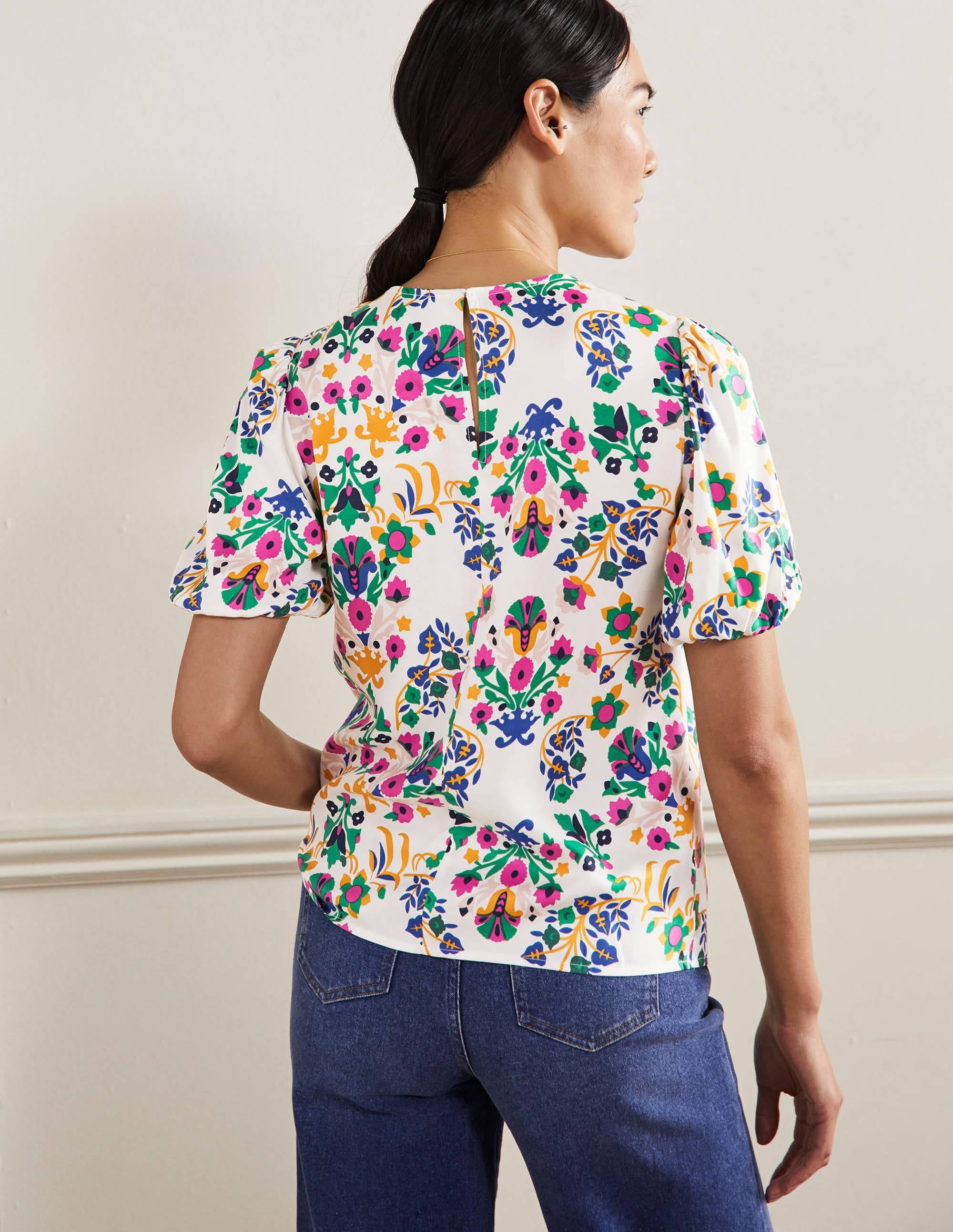 Adriana Puff Sleeve Blouse Ivory Floral Embroidered Top - Elegant Women's Fashion for Parties, Dates & Special Occasions