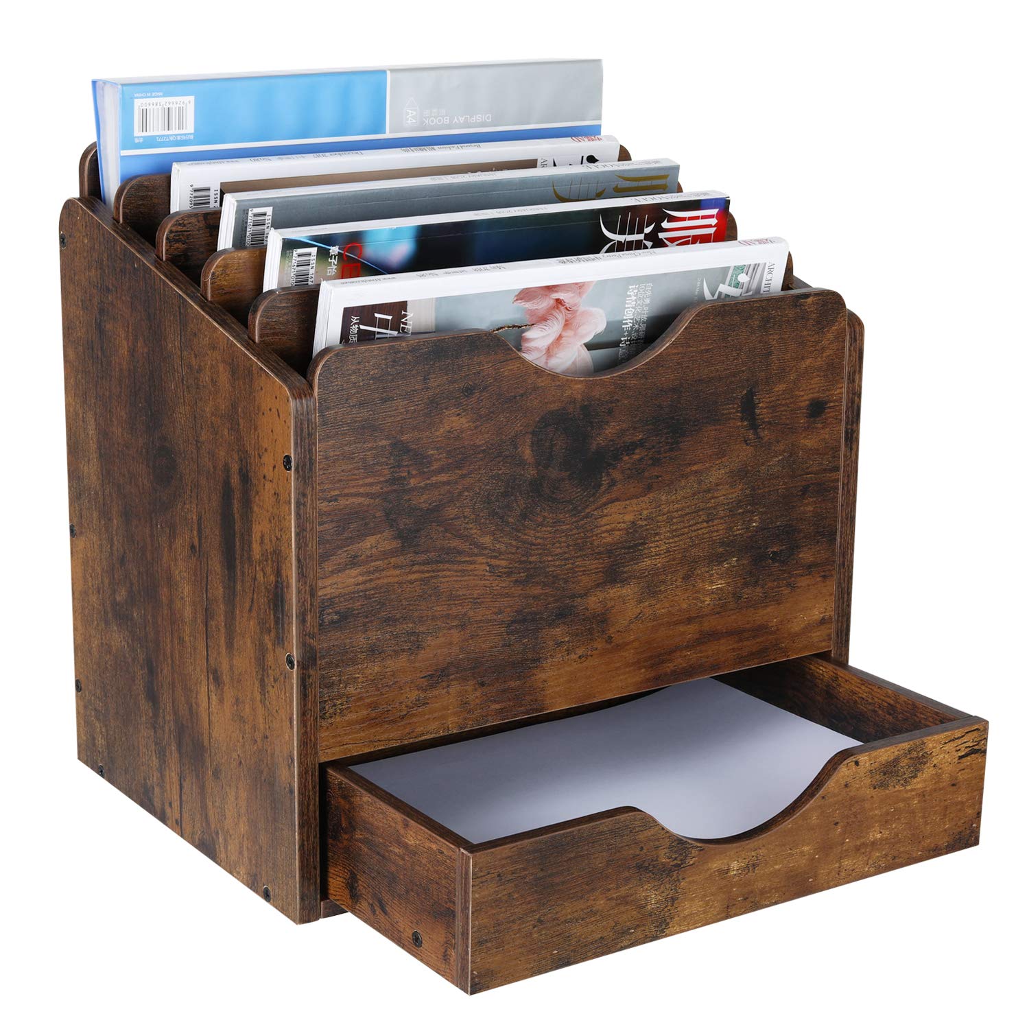 Wooden Desktop File Organizer with Drawer - 6 Compartment Mail Sorter for Folders, Letters, Envelopes & Magazines - Antique Brown Office Supply for Home & Workspace Organization