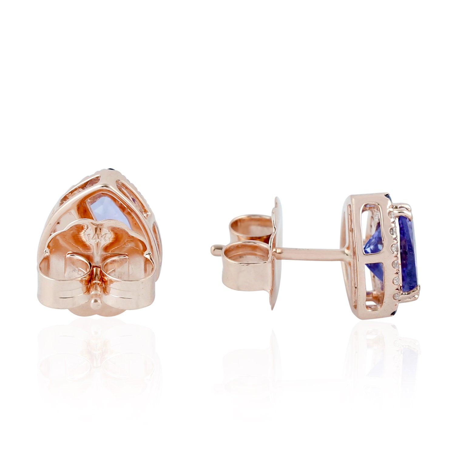 14k Rose Gold Blue Tanzanite & Sapphire Pave Diamond Trillion Stud Earrings | Elegant Jewelry for Weddings, Parties & Special Occasions