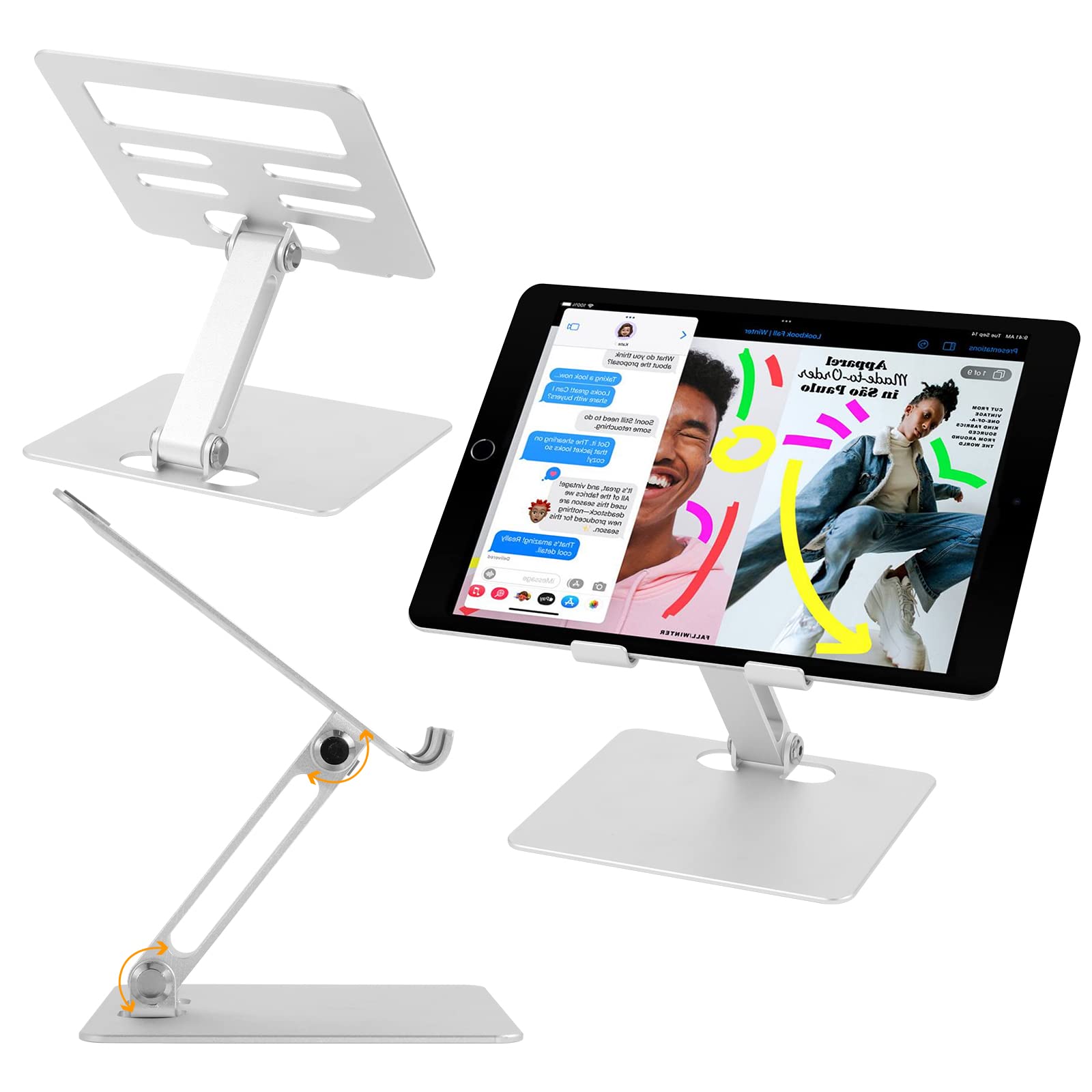 Adjustable Tablet Stand Holder Dock for iPad Air 4/Mini, iPad 10.2/9.7, iPad Pro 11/12.9, Samsung Galaxy Tabs, Nintendo Switch - Silver (6.1x5.9x1.77 inches) | Perfect for Home Office, Bedroom, Kitchen & Travel Use