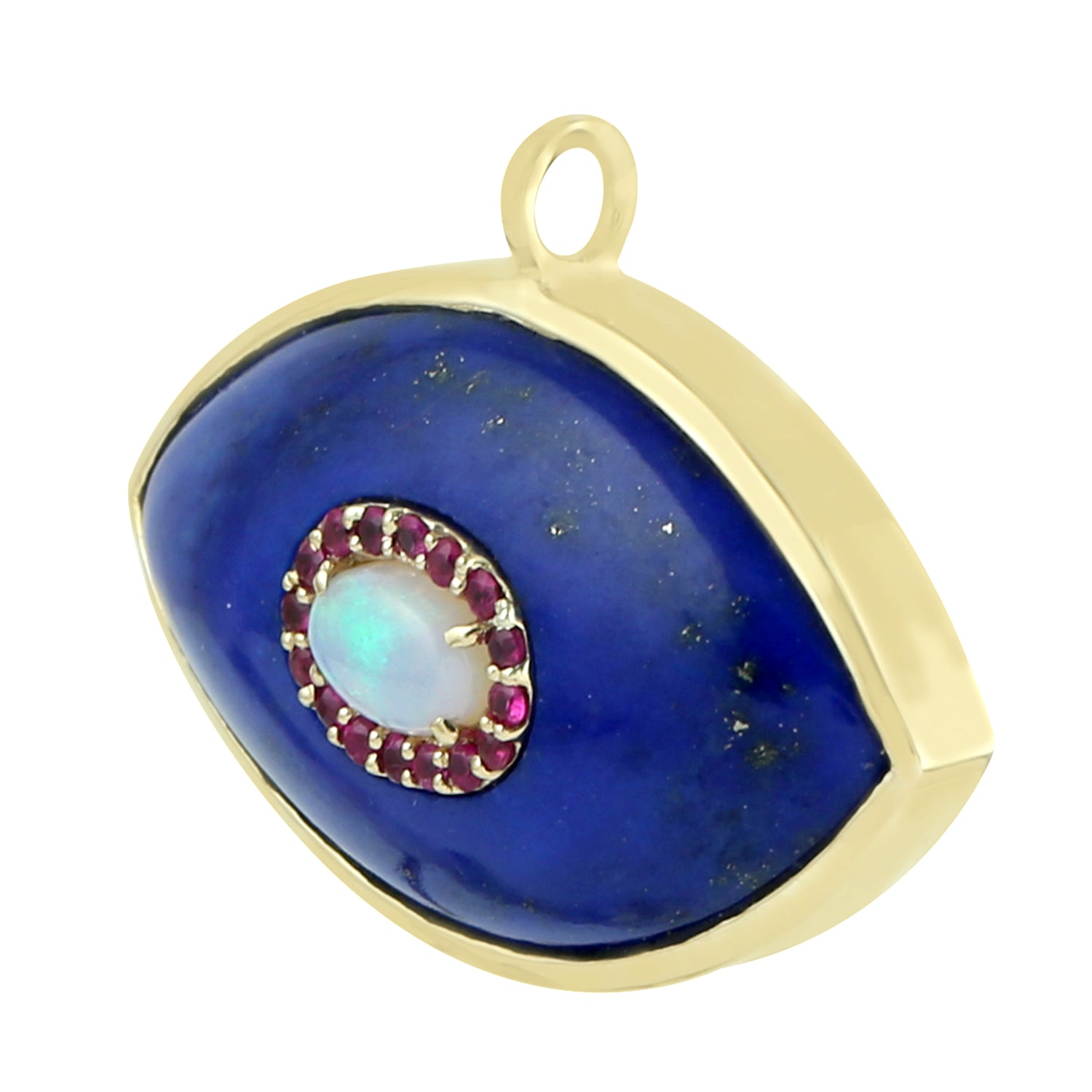 14K Yellow Gold Lapis Oval Cut Ethiopian Opal Pave Ruby Evil Eye Pendant Necklace - Protection Jewelry for Women, Gift for Birthday & Special Occasions