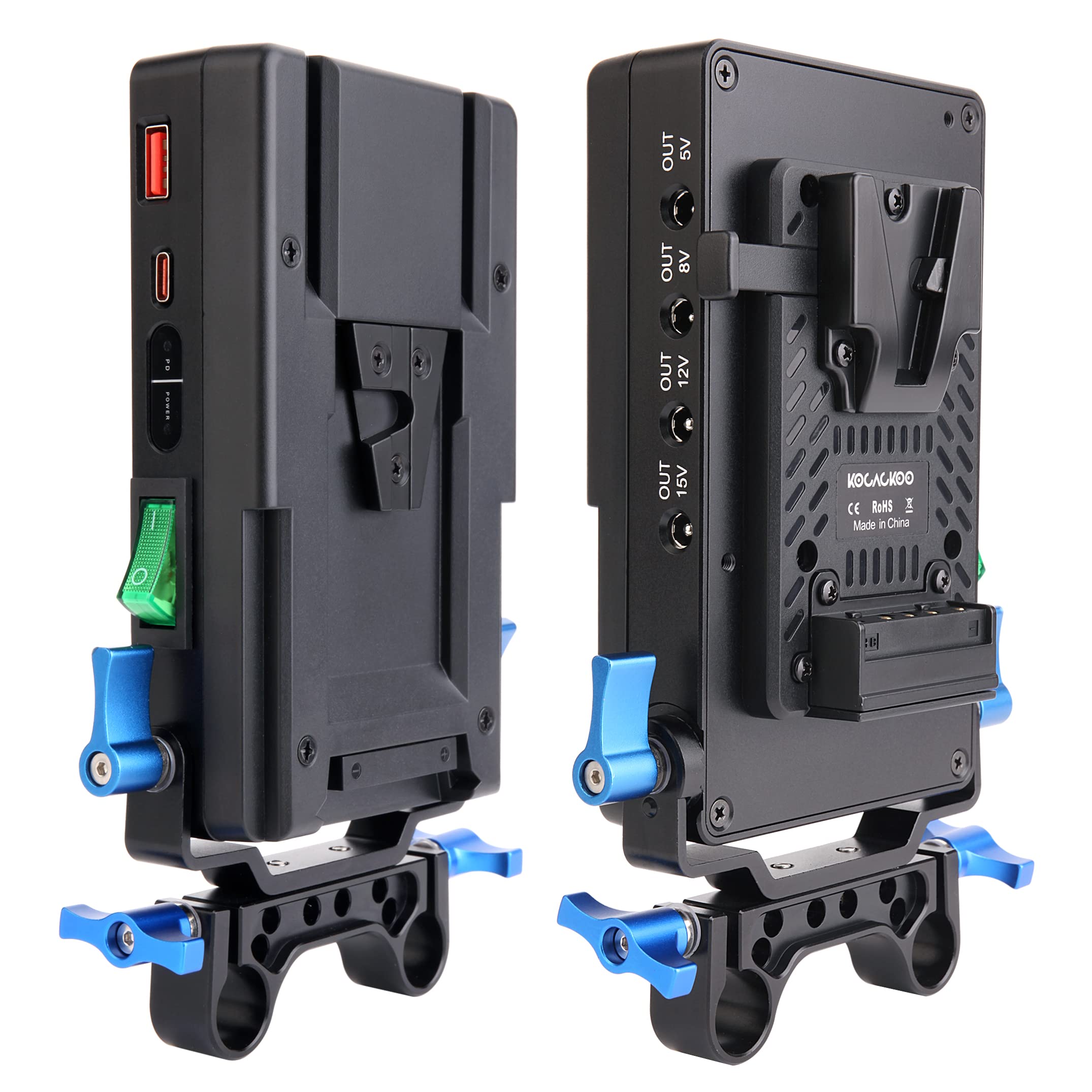 V-Mount to V-Lock Battery Adapter Plate with 15mm Rod Clamp & 6 DC Outputs - Power Supply Splitter for Sony Camcorders, BMPCC 4K/6K, DSLR Cameras - Perfect for Film Production, Live Streaming & On-Location Shooting