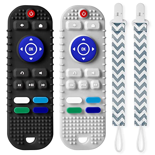Vicloon Baby Remote Control Teether Toy Set - 2PCS Silicone Teething Toys with 2 Pacifier Clips for Infants 3+ Months | Soothing Gum Relief for Boys & Girls (Black & Beige) | Perfect for On-the-Go, Car Rides & Playtime