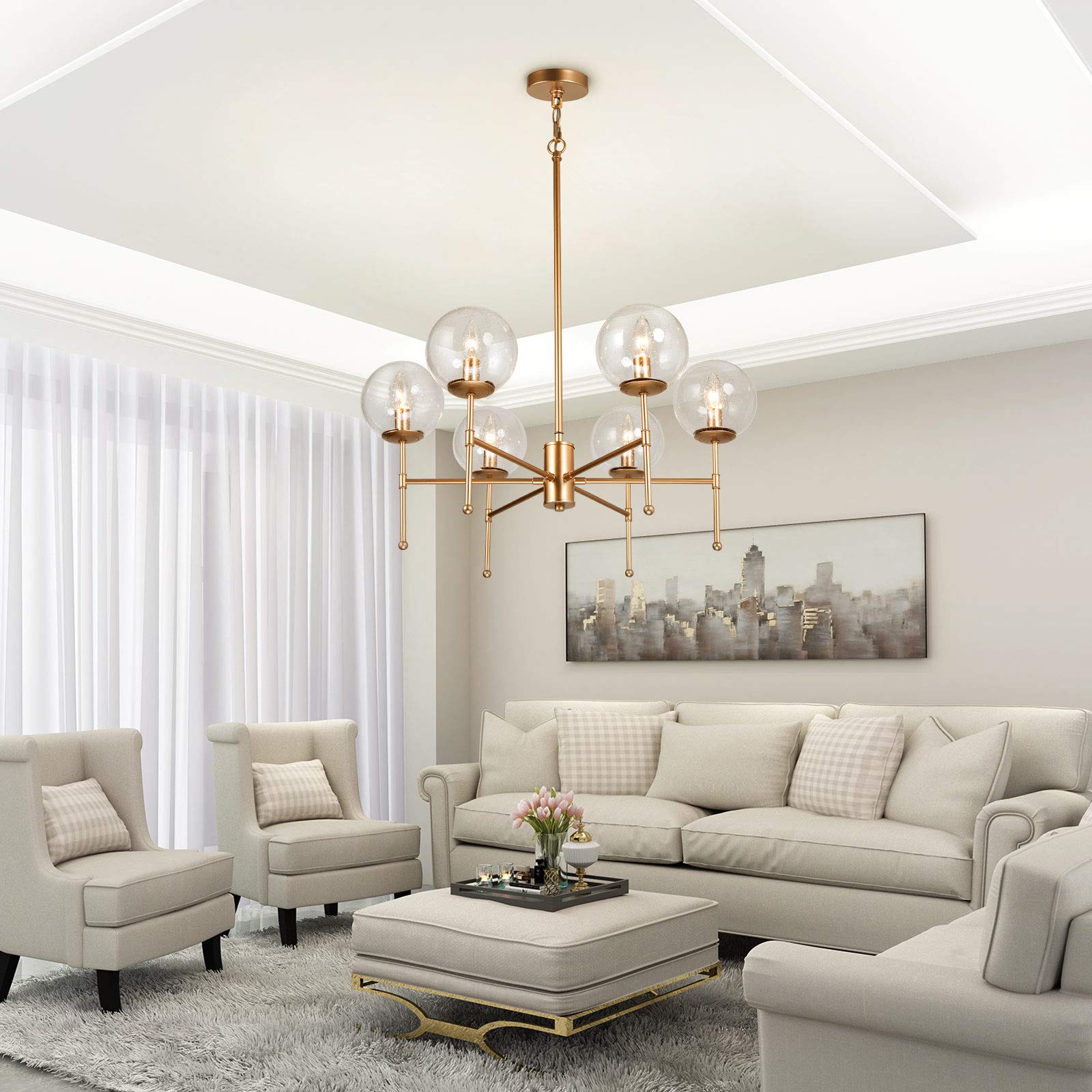 6-Light Gold Globe Chandelier with Seeded Glass Shades - 26'' W x 29.5'' H Modern Pendant Lighting for Dining Room, Living Room & Bedroom | Elegant Ceiling Light Fixture for Home Decor, Wedding & Restaurant Ambiance