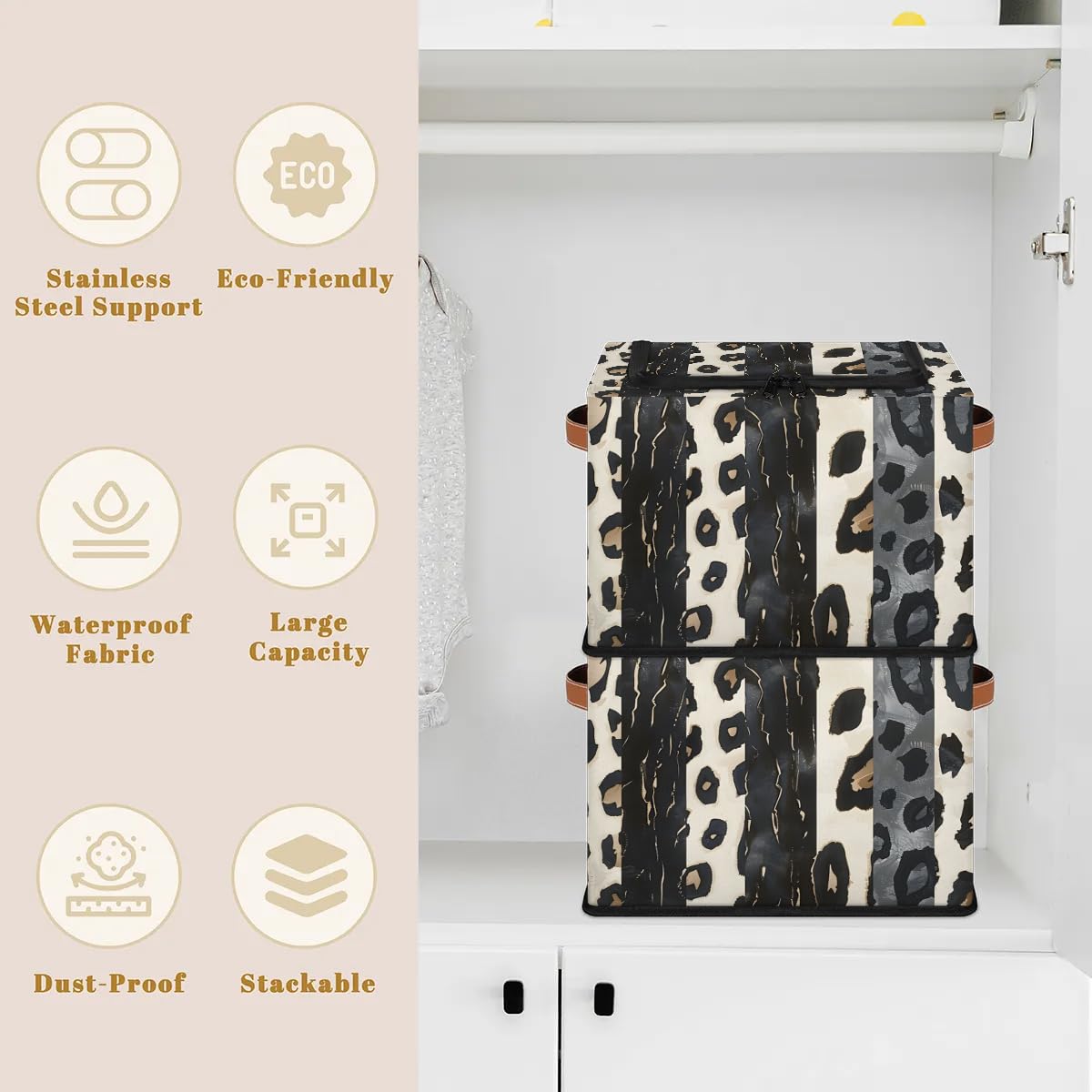 Abstract Leopard Print Collapsible Stackable Storage Bins with Lids - Fabric Closet Organizer for Clothes, Toys, Blankets - Foldable Home Storage Baskets for Bedroom, Nursery & Living Room Organization