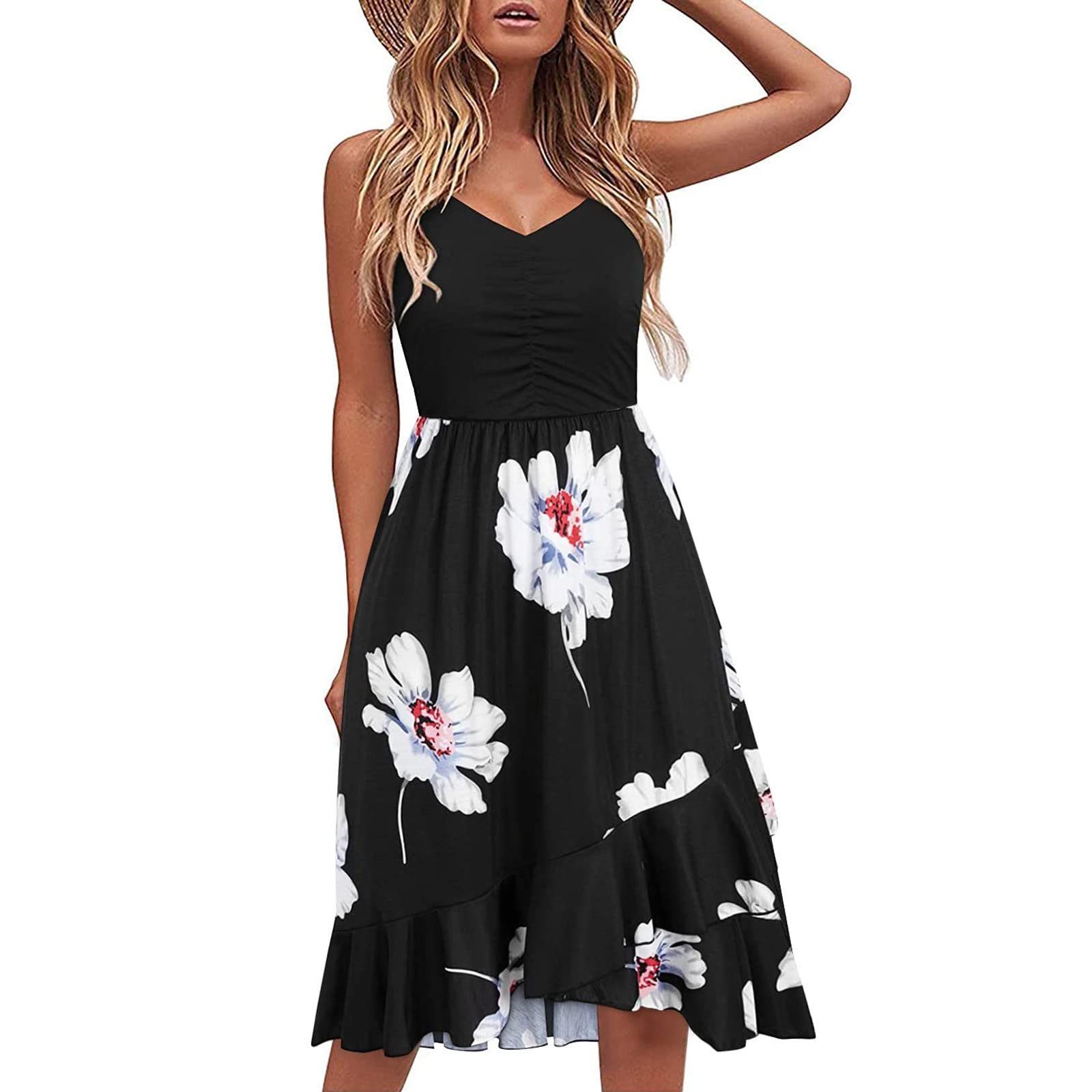 Women's Flowy Summer Dresses 2022 - V-Neck Sleeveless Casual Printed Knee-Length Fit & Flare Dress for Vacation, Beach, Party and Daily Wear