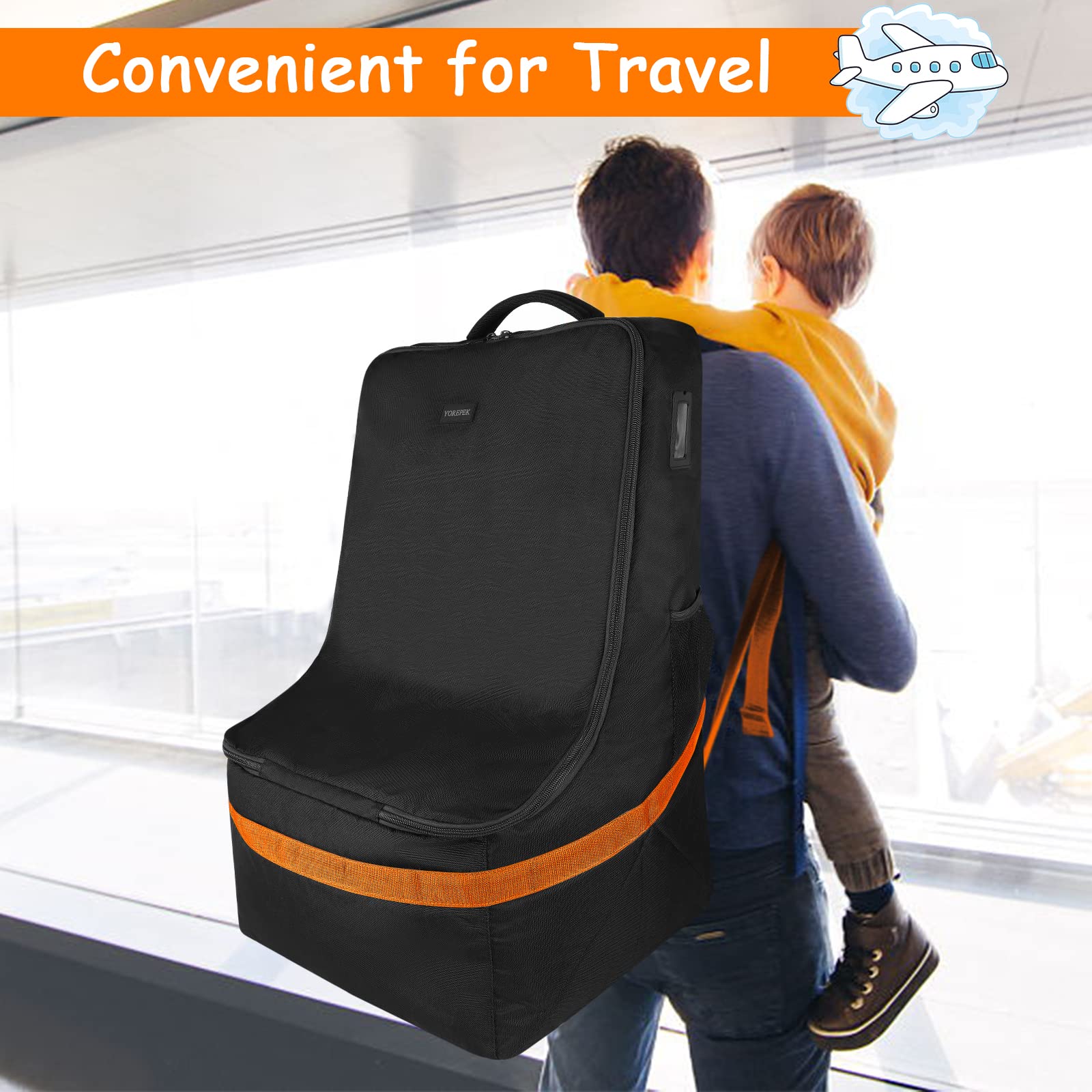 YOREPEK Padded Car Seat Travel Backpack for Airplane - Heavy Duty Gate Check Bag for Air Travel with Extra Protection (Orange) | Perfect for Family Vacations, Road Trips & Airport Security Checks