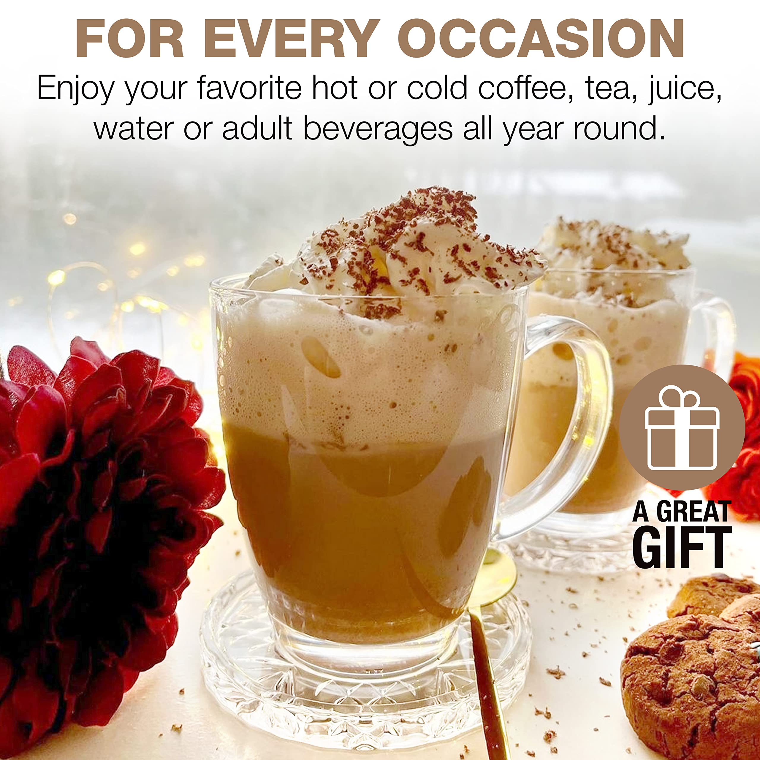 Clear Glass Coffee Mugs Set of 6 - Hot Beverage Cups for Home & Cafe Use
