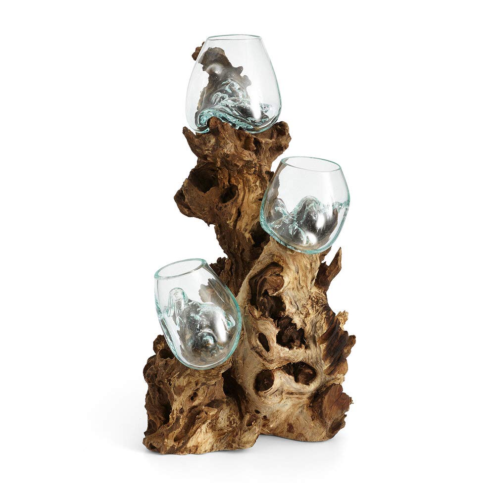 Cohasset Molten Glass Triple Terrarium - 19 Inch Tall Teak Wood Stand with 3 (10cm) Recycled Glass Vessels for Succulents, Air Plants & Home Decor | Perfect for Living Room, Office & Gift Ideas