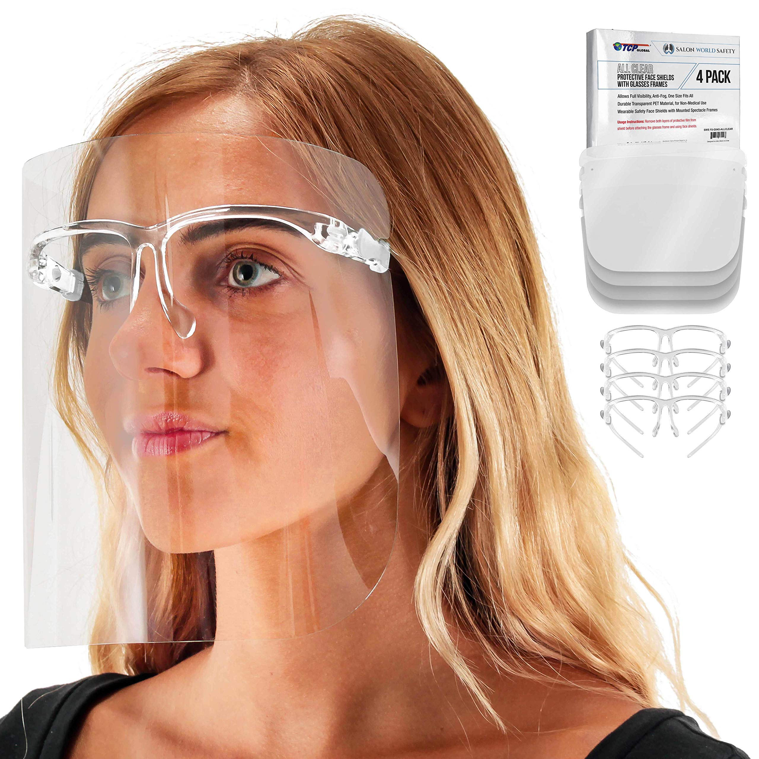 TCP Global Salon World Safety Face Shields with Clear Glasses Frames (4-Pack) - Anti-Fog PET Plastic Full Face Protection for Eyes, Nose & Mouth - Ideal for Salons, Healthcare & Industrial Work Safety