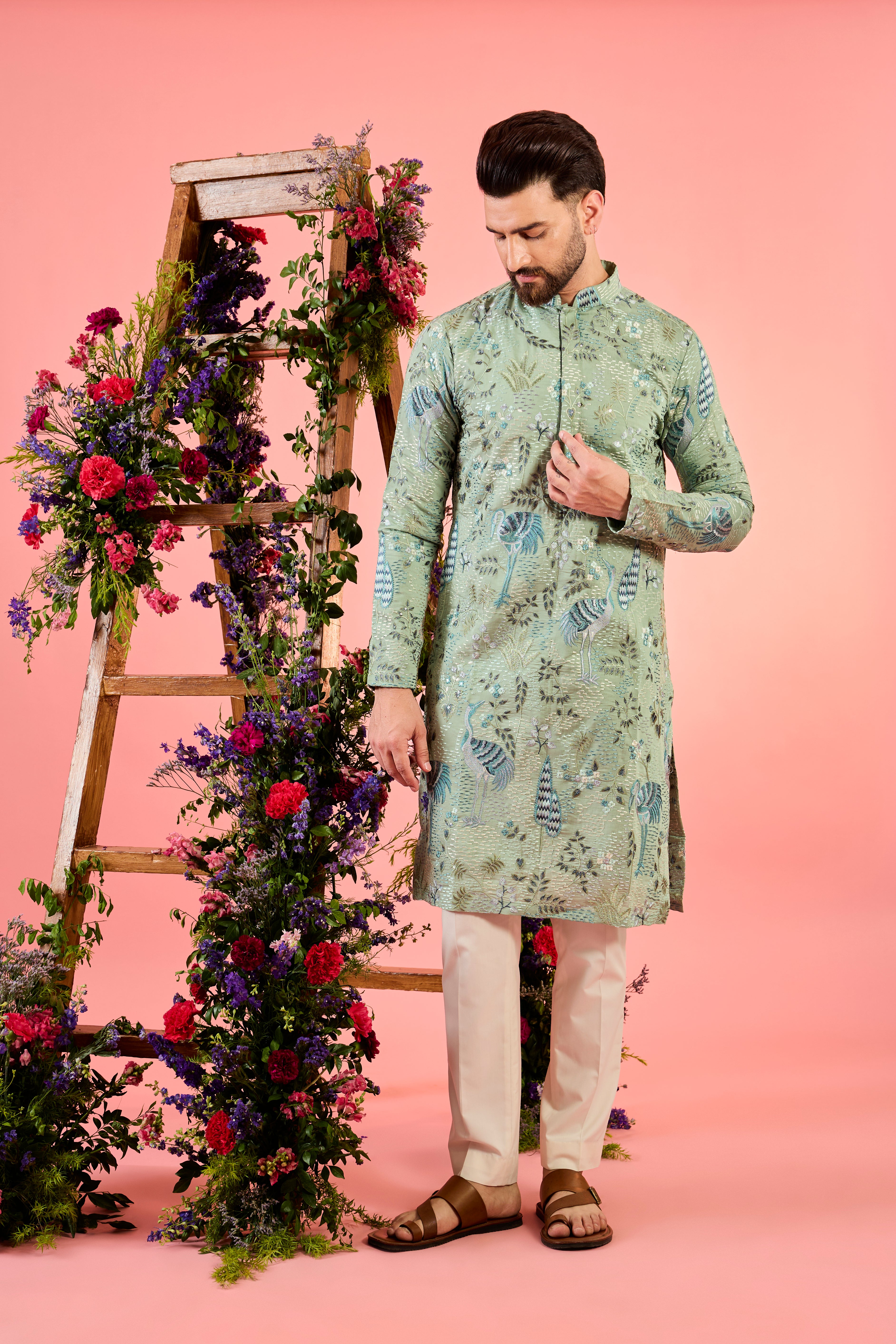 Elegant Mint Green Kurta with Intricate Floral & Fauna Embroidery | Handcrafted Indian Ethnic Wear for Women | Perfect for Festivals, Weddings & Casual Outings