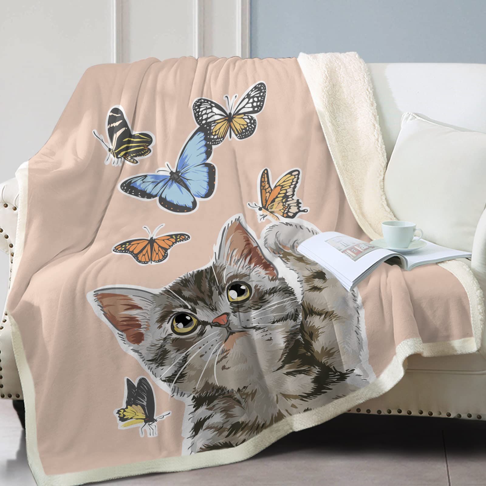 SOULZZZ Light Pink Sherpa Cat Blanket Queen Size 60x80 Inch - Soft Fluffy Plush Throw for Teens, Kids, Cat Lovers - Perfect for Bedroom, Sofa, Nap, Gift (Persian Cat & Butterflies Design)
