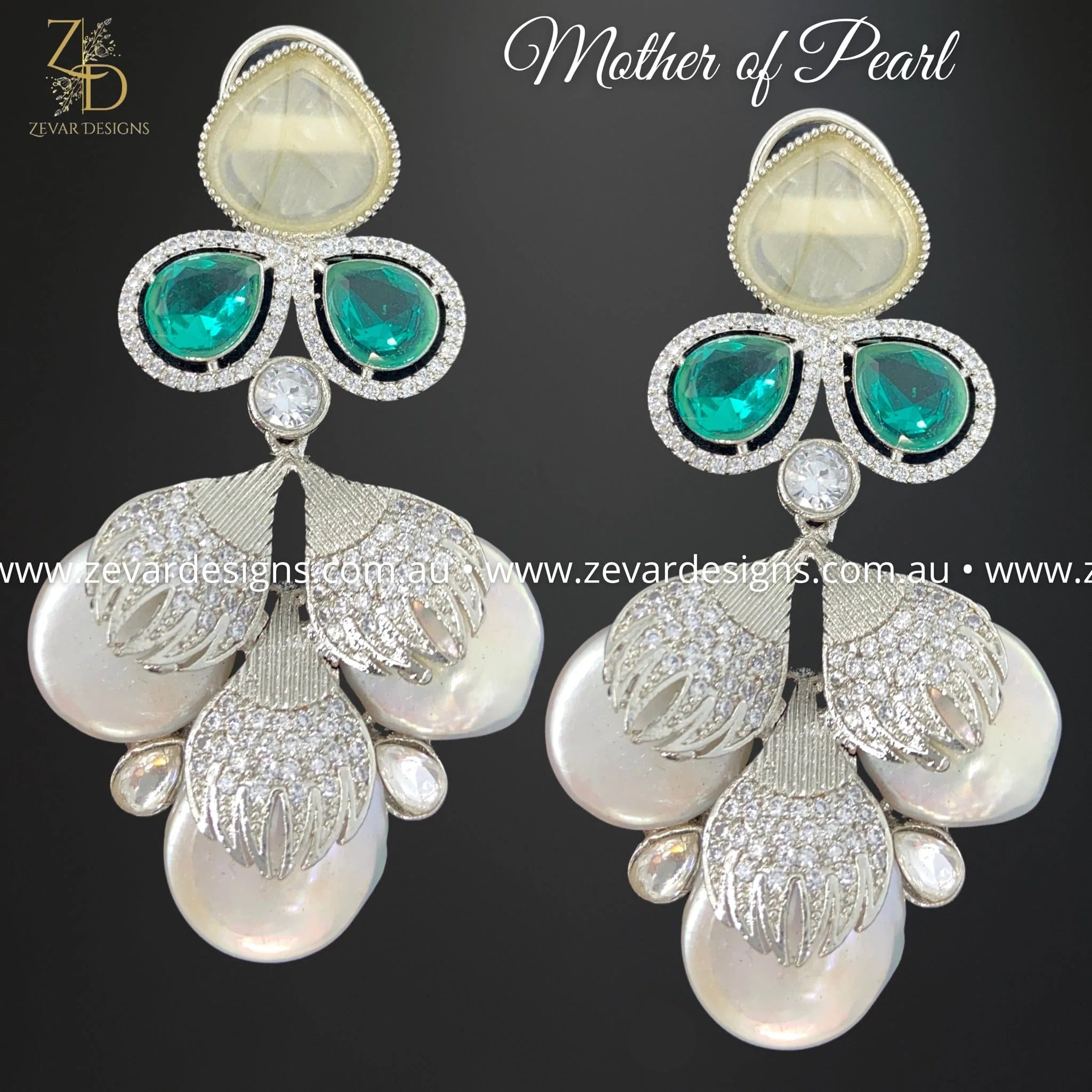 Exquisite Kundan AD Earrings with Aqua Green Mother of Pearl - Elegant Indian Jewelry for Weddings, Parties & Special Occasions